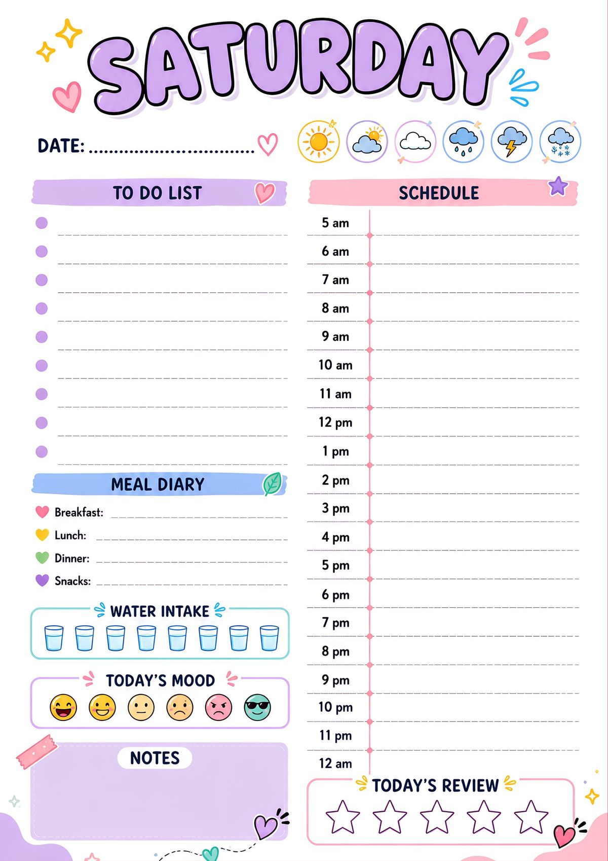 Printable Saturday daily planner featuring an hourly schedule, to-do list, meal diary, water tracker, mood tracker, notes, weather icons, and daily review.