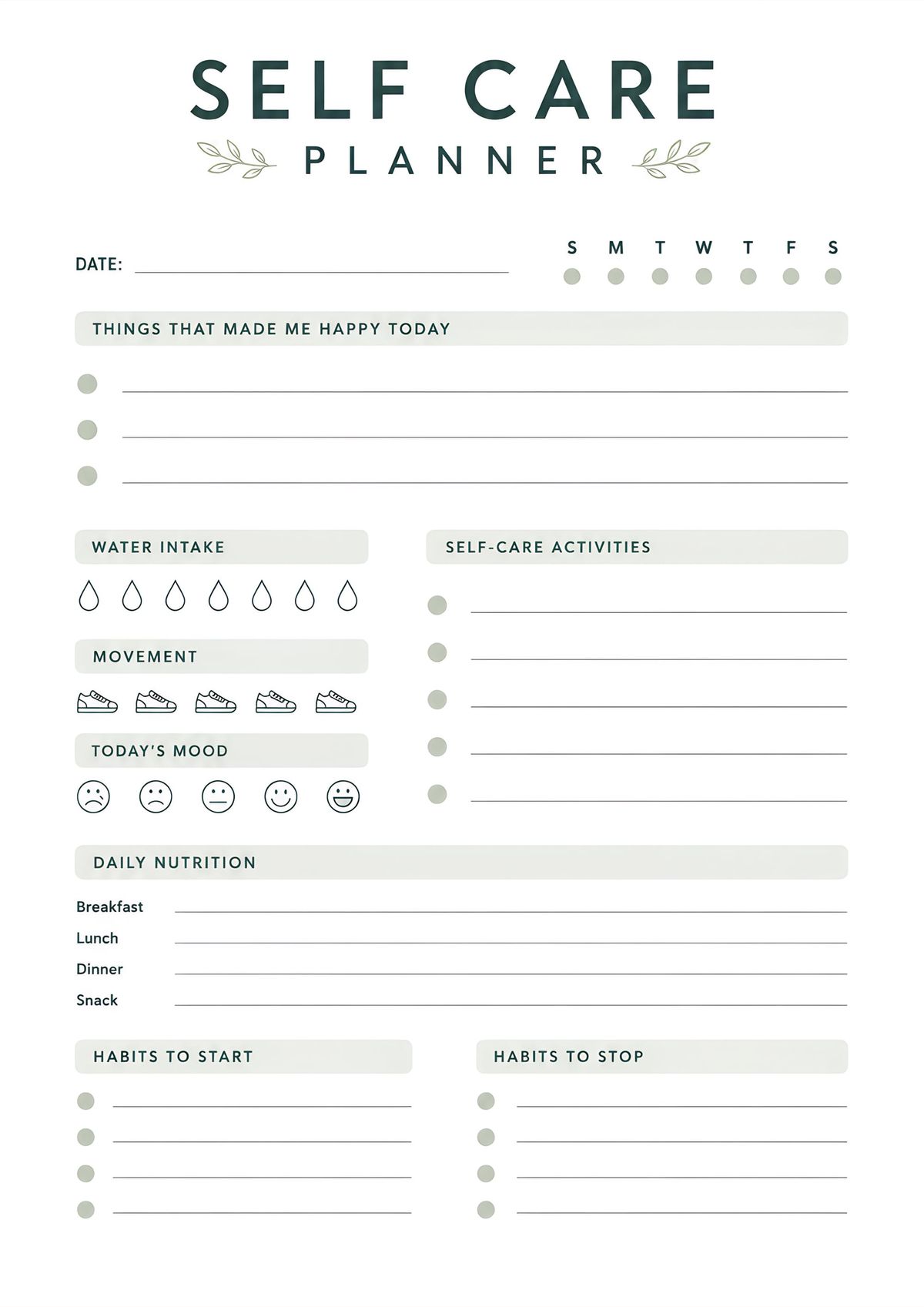 Printable self care planning worksheet featuring mood tracker, water intake, nutrition, habits, and wellness activities.
