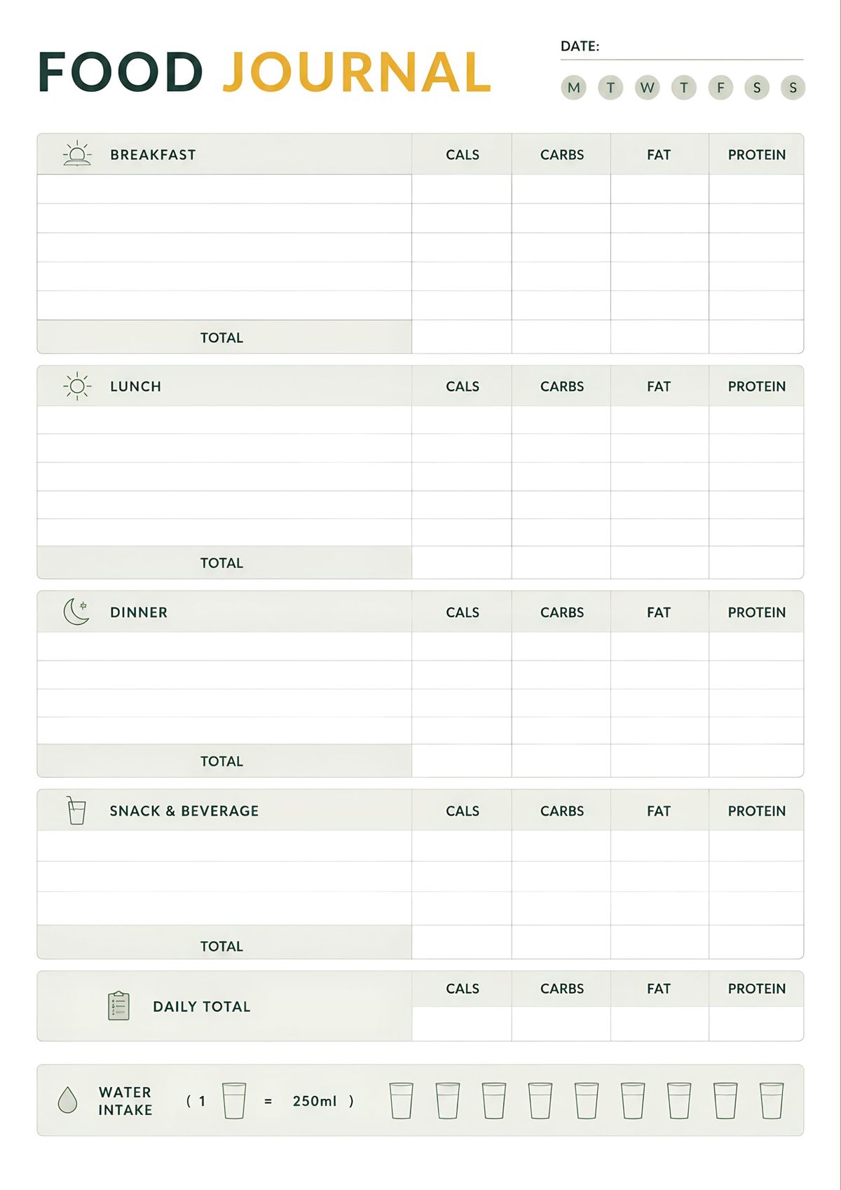 A simple printable daily food journal with sections for breakfast, lunch, dinner, snacks, daily nutrition totals, and water intake tracking.