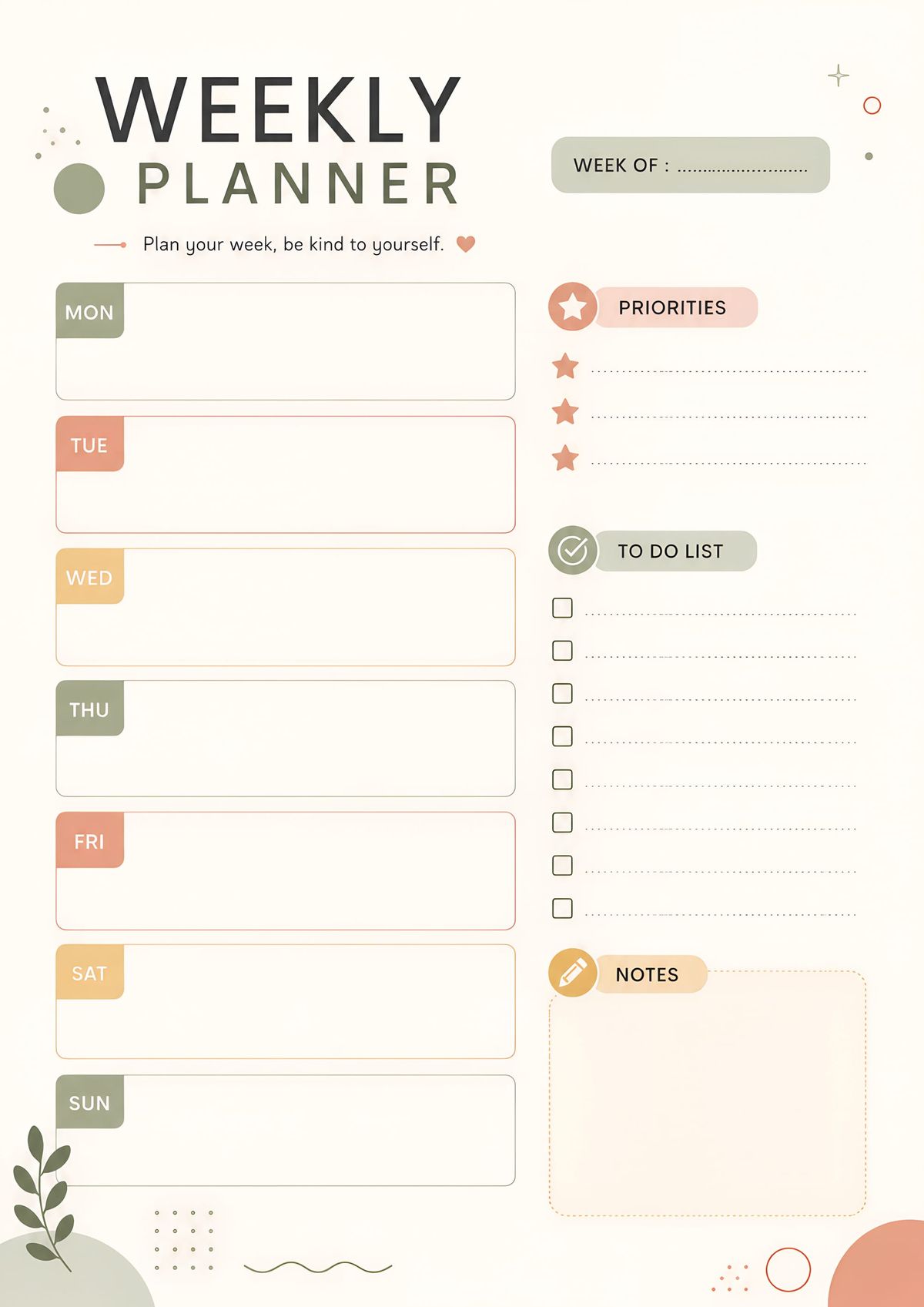 A clean weekly planner printable for organizing schedules, priorities, tasks, and weekly notes.