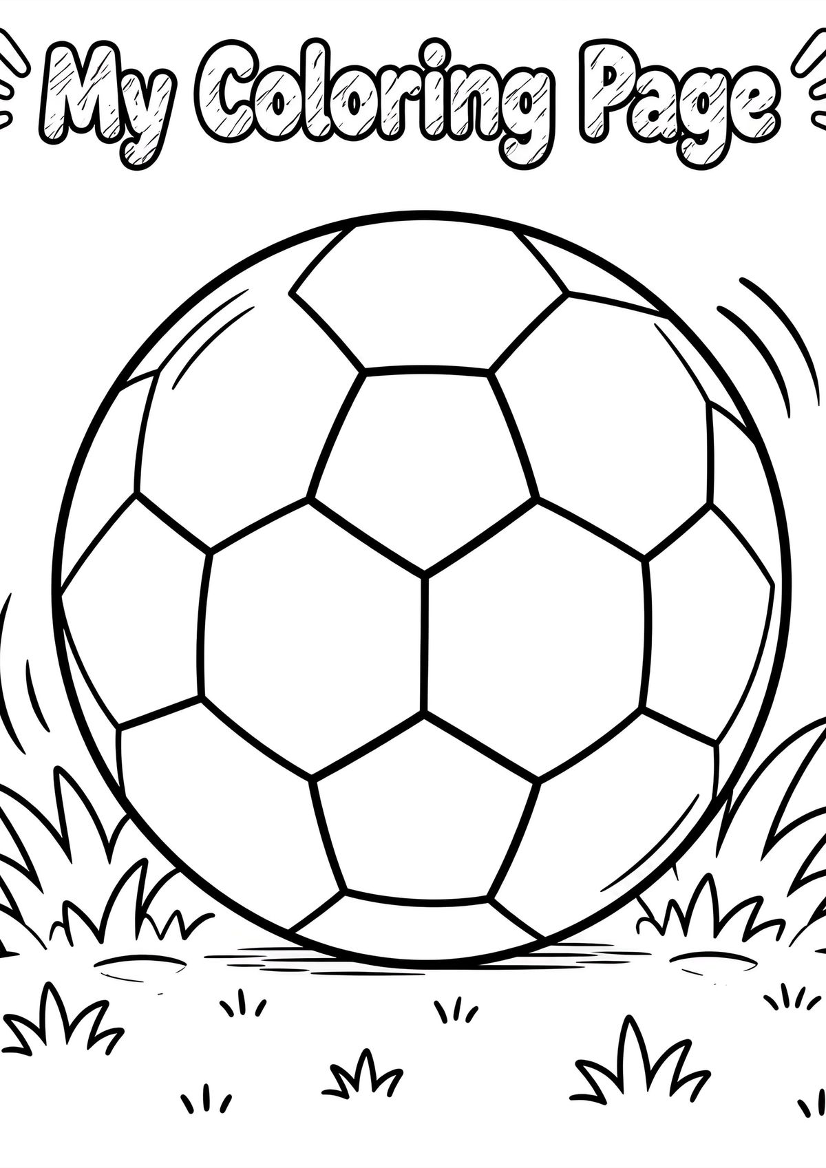 Printable soccer ball coloring page with a large football illustration and bold outlines for kids.