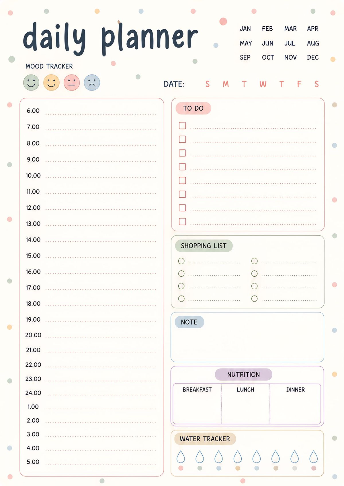 A complete daily planner printable for organizing schedules, tasks, meals, hydration, and daily routines.