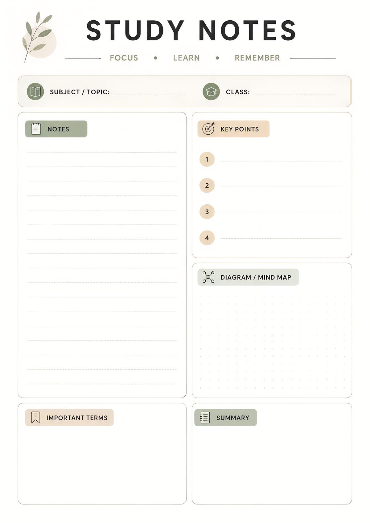 Printable study notes template with sections for subject, class, notes, key points, diagram or mind map, important terms, and summary.