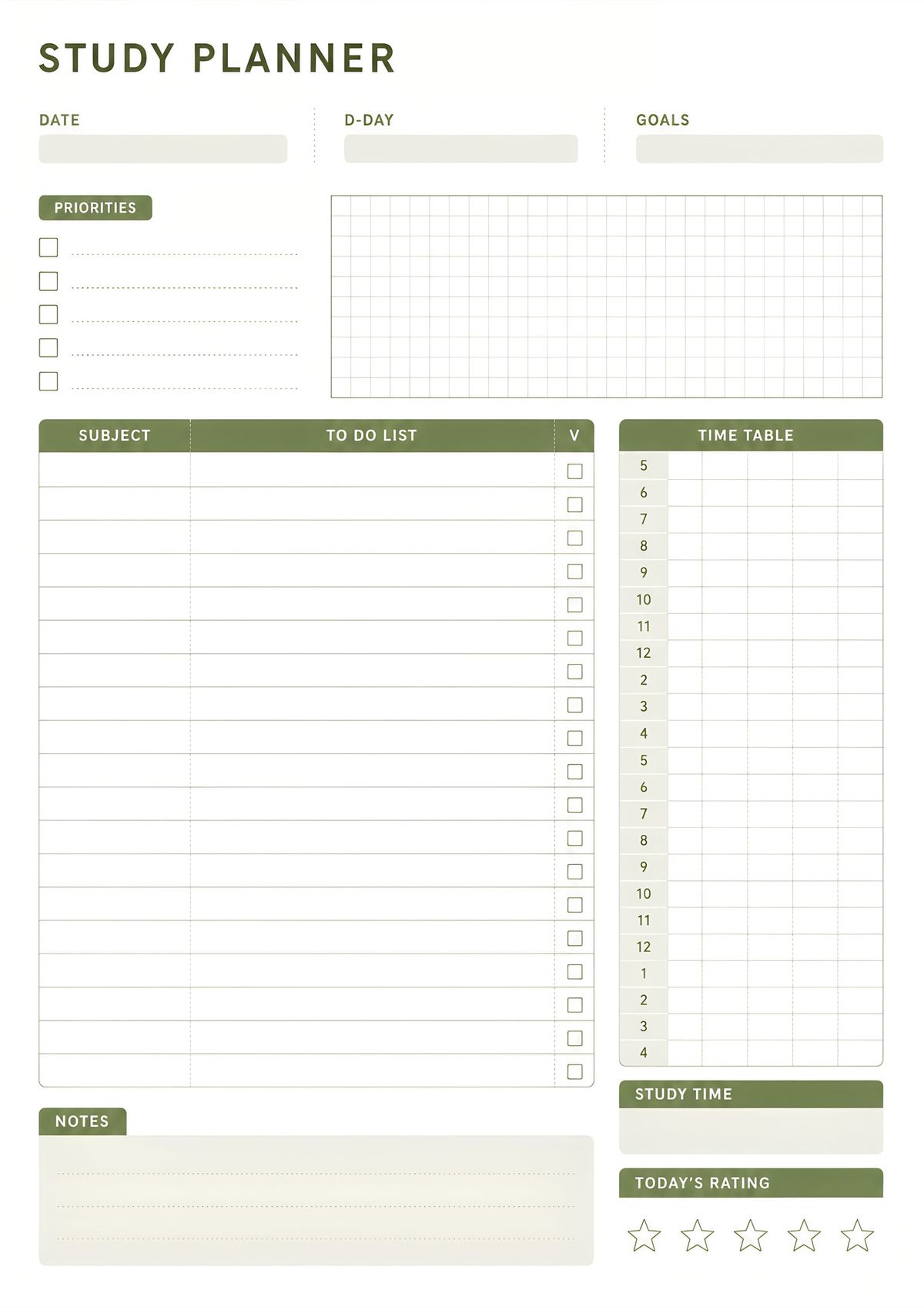 Printable study planner featuring priorities, study schedule, subject tracker, to-do list, notes, study time, and daily rating sections.