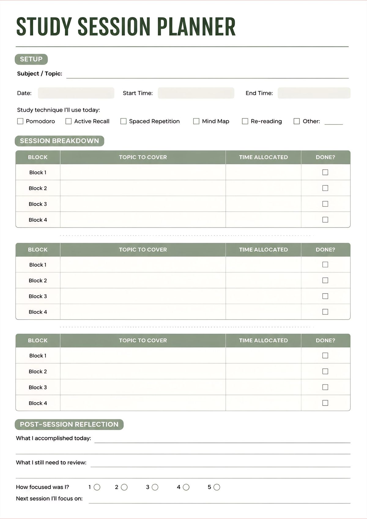 A printable study session planner designed to organize focused study blocks, track progress, and reflect after each session.