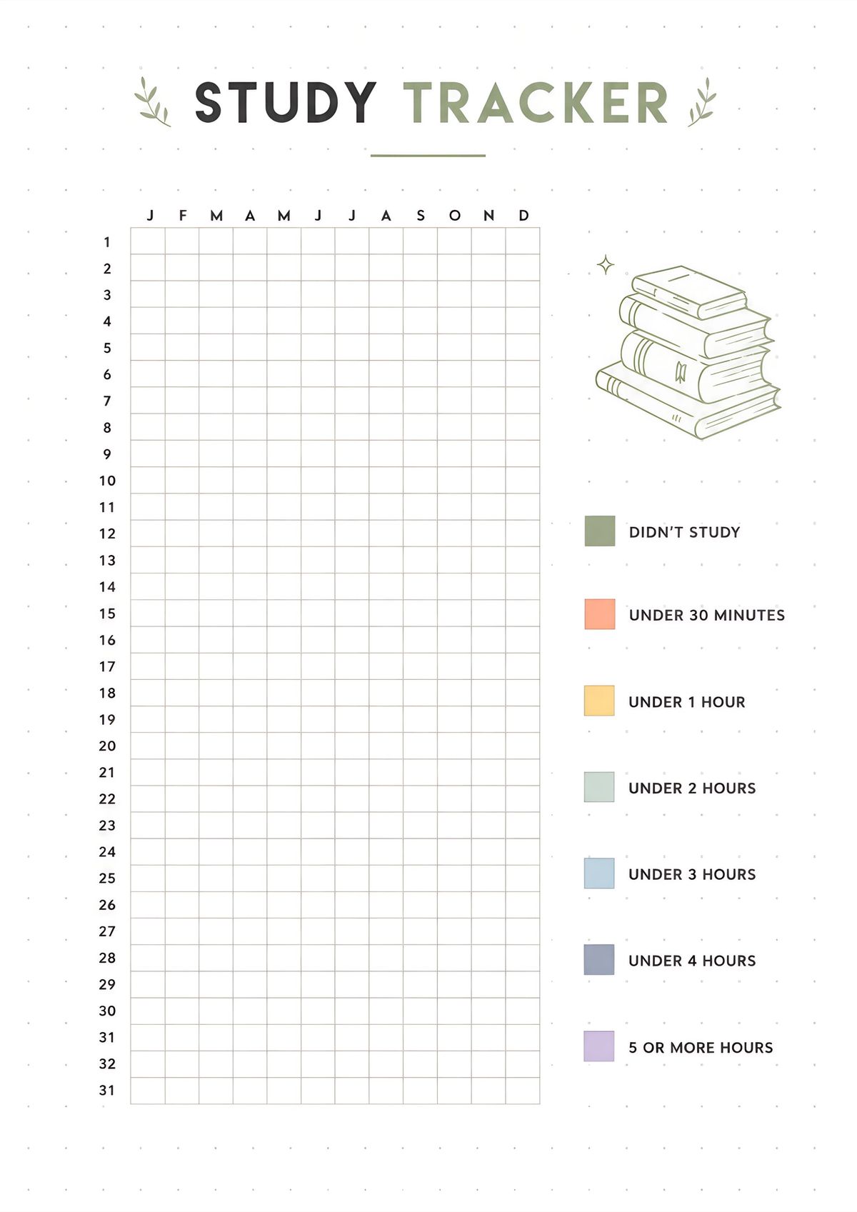 Printable yearly study tracker with monthly progress grid, color-coded study duration legend, and academic habit tracking layout.