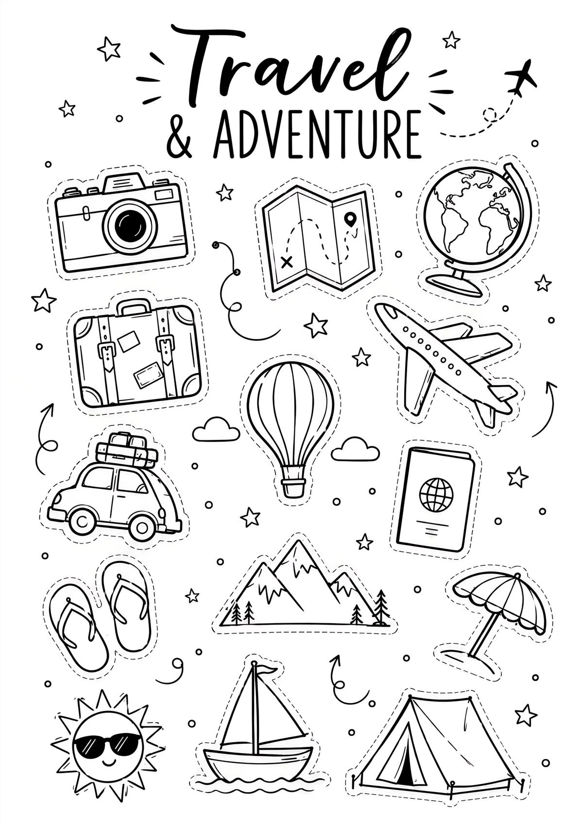 A fun travel-themed coloring page filled with adventure illustrations for kids and creative learning activities.