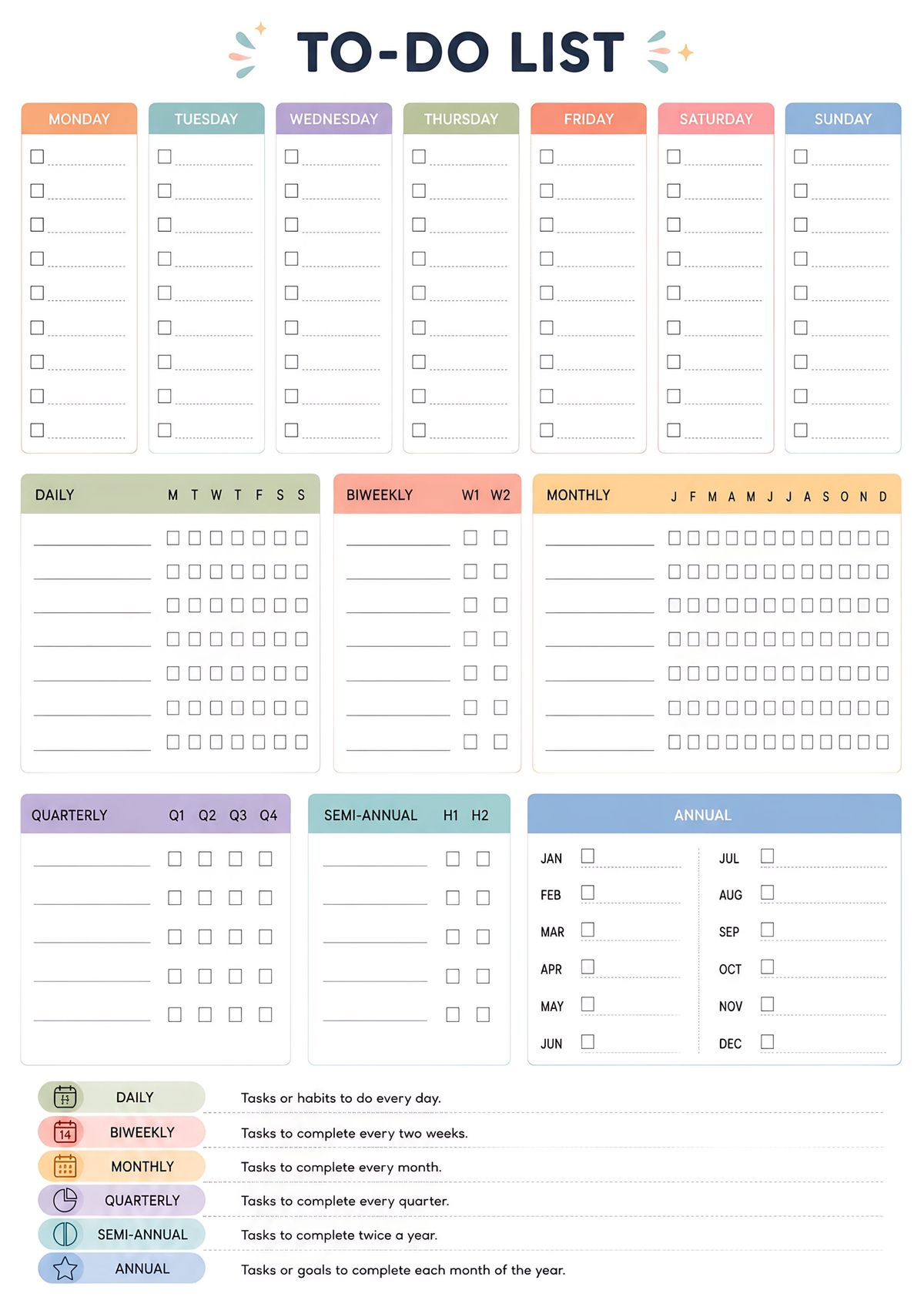Printable productivity to-do list planner with daily, weekly, biweekly, monthly, quarterly, semi-annual, and annual task tracking sections.