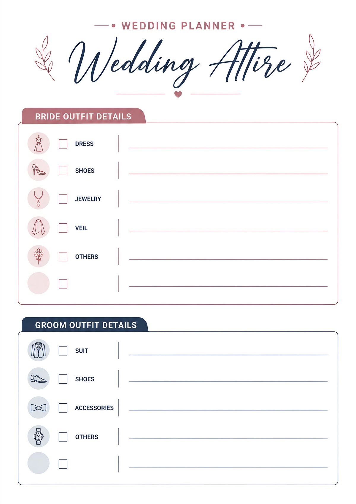 Printable wedding attire planning checklist featuring separate outfit sections for the bride and groom with checkboxes and notes for clothing, shoes, accessories, jewelry, and essentials.
