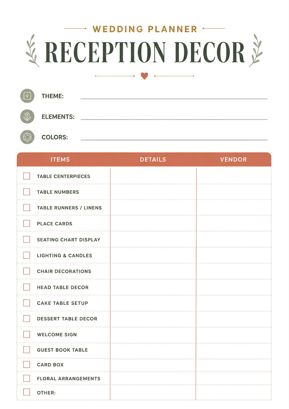 Printable wedding reception decor planner with decoration checklist, theme, colors, vendor information, and reception styling organizer.