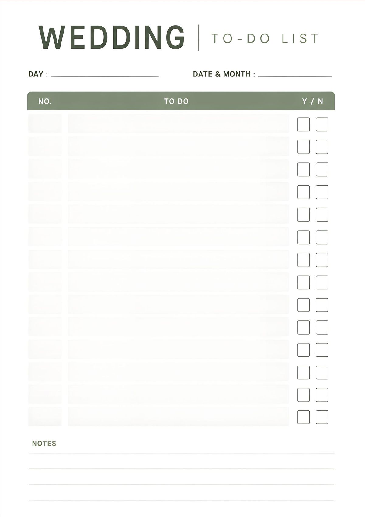 Printable wedding to do list with task tracker, completion checkboxes, date section, and notes.