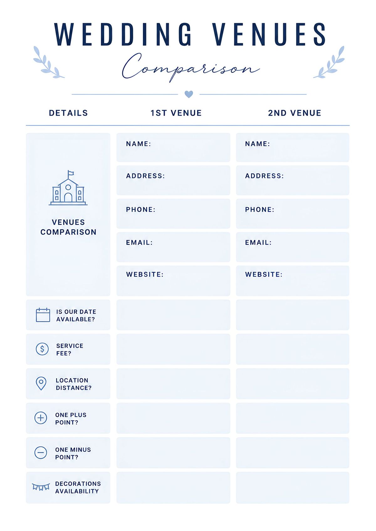 Printable wedding venue comparison worksheet for evaluating two venues, including pricing, availability, location, contact details, and amenities.
