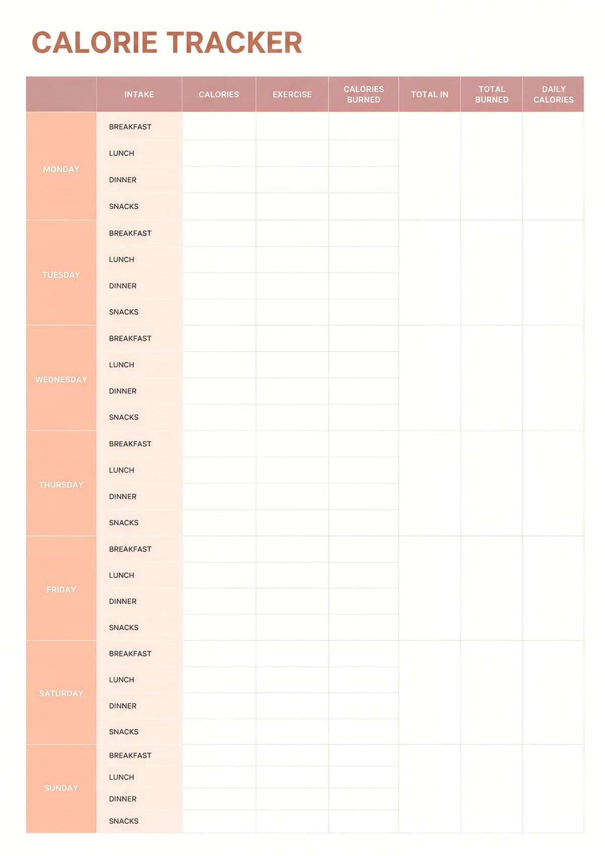 Printable weekly calorie tracker featuring meal intake, calories consumed, exercise, calories burned, and daily calorie balance for every day of the week.