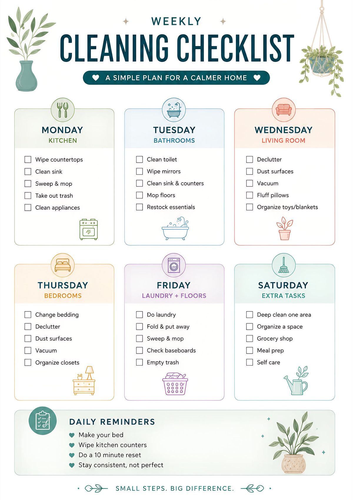 Printable weekly cleaning checklist with room-by-room household tasks, daily reminders, and an organized home maintenance schedule.