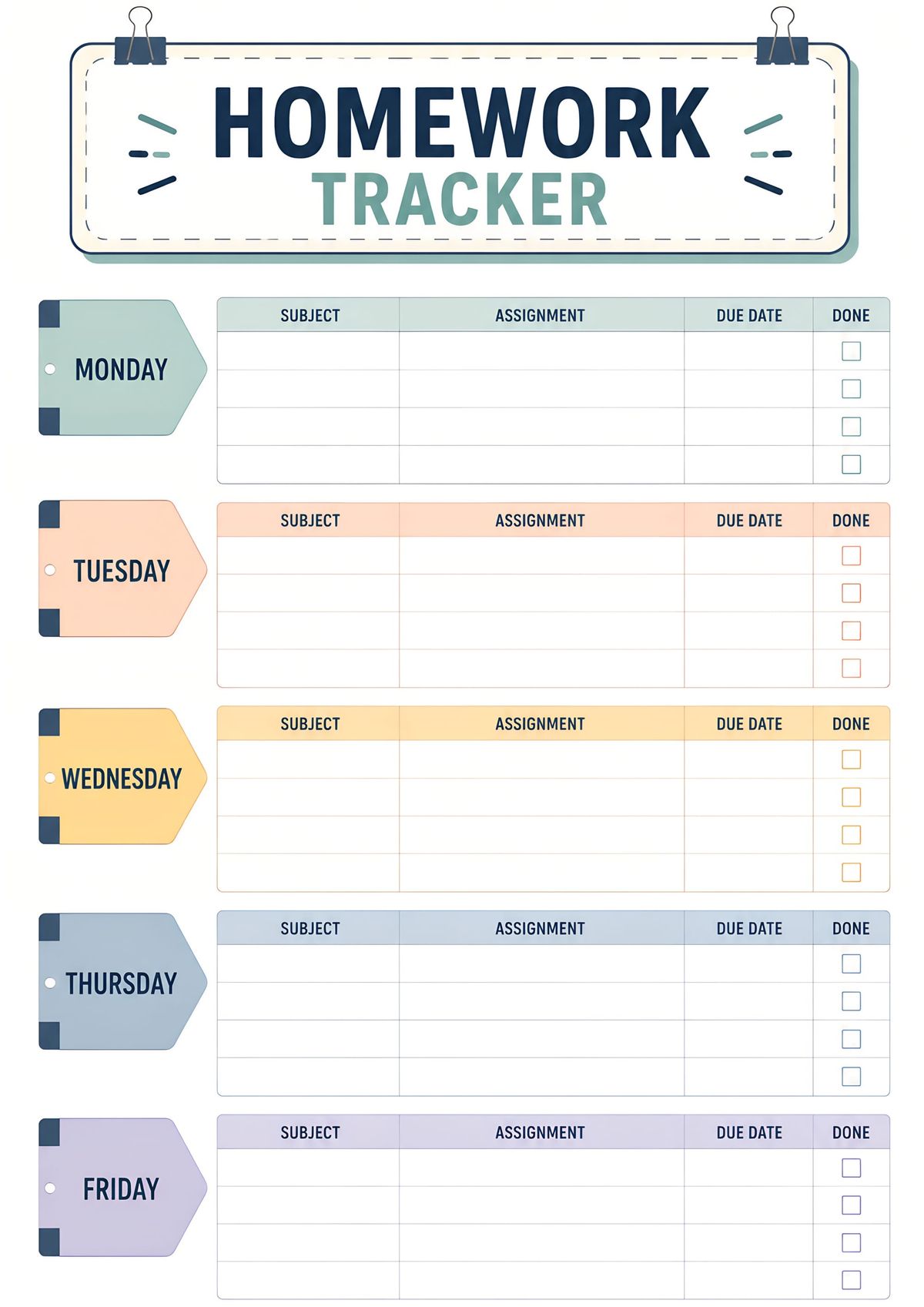 Printable weekly homework assignment tracker featuring daily sections from Monday to Friday with subject, assignment, due date, and completion checklist.