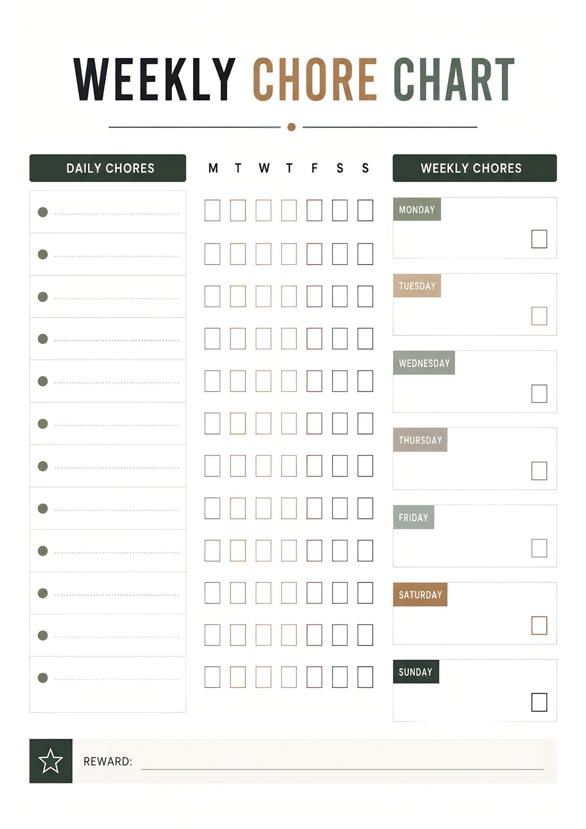 Printable weekly household chore chart featuring daily chore tracking, weekly task boxes, weekday checklist, and a reward section for home organization.