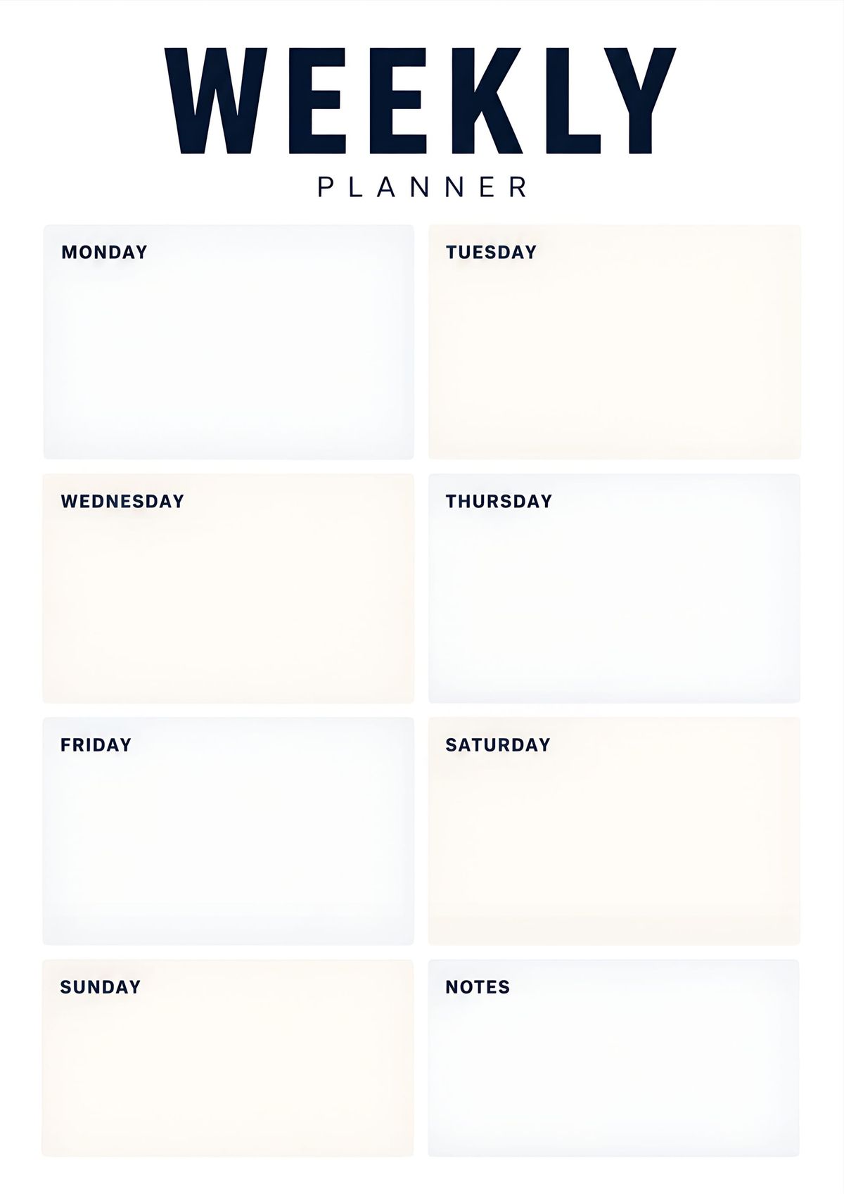 Printable weekly planner template with dedicated sections for Monday through Sunday and an extra notes area for weekly organization.