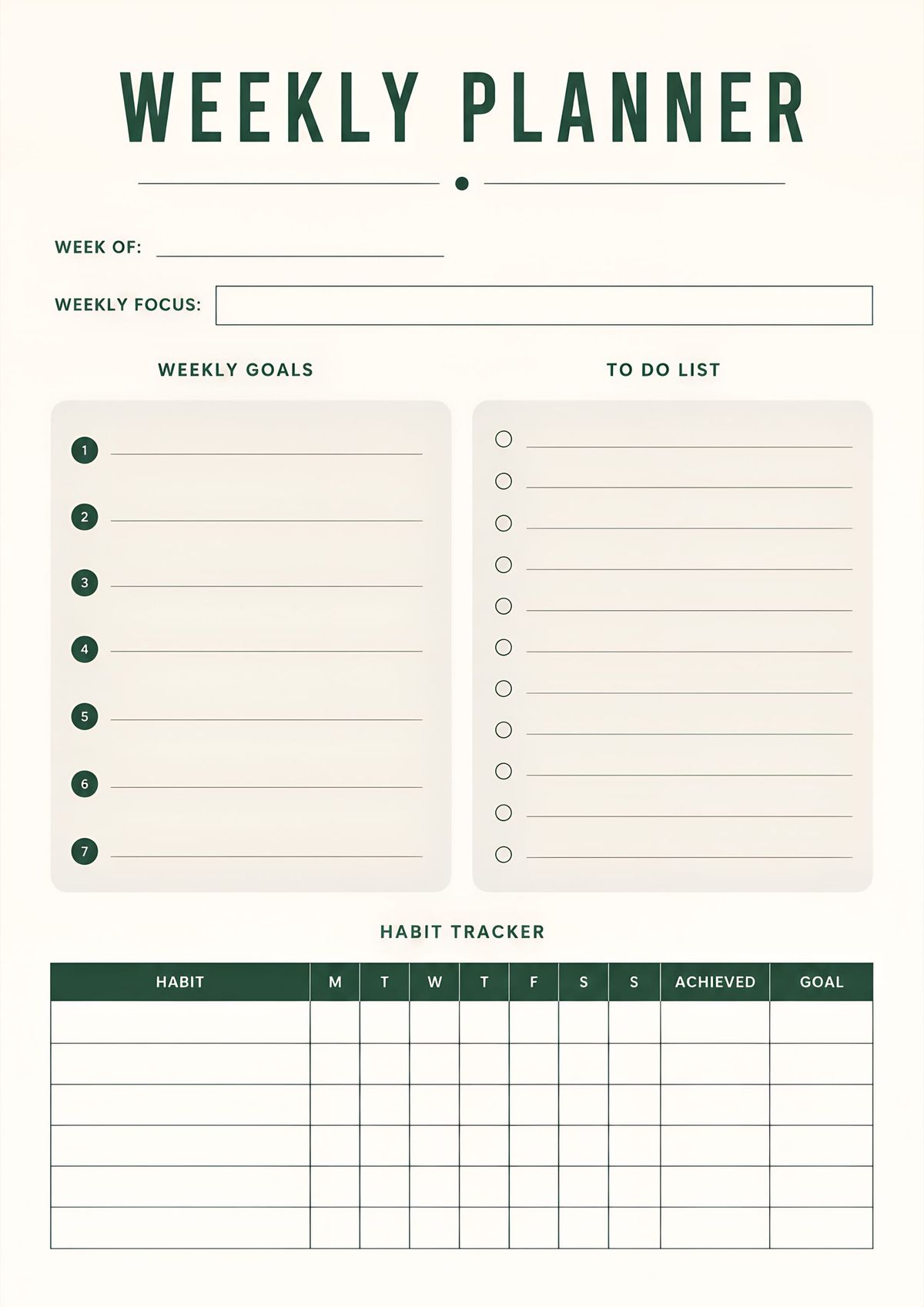 Printable weekly productivity organizer with weekly goals, to-do list, weekly focus section, and habit tracker for planning productive weeks.