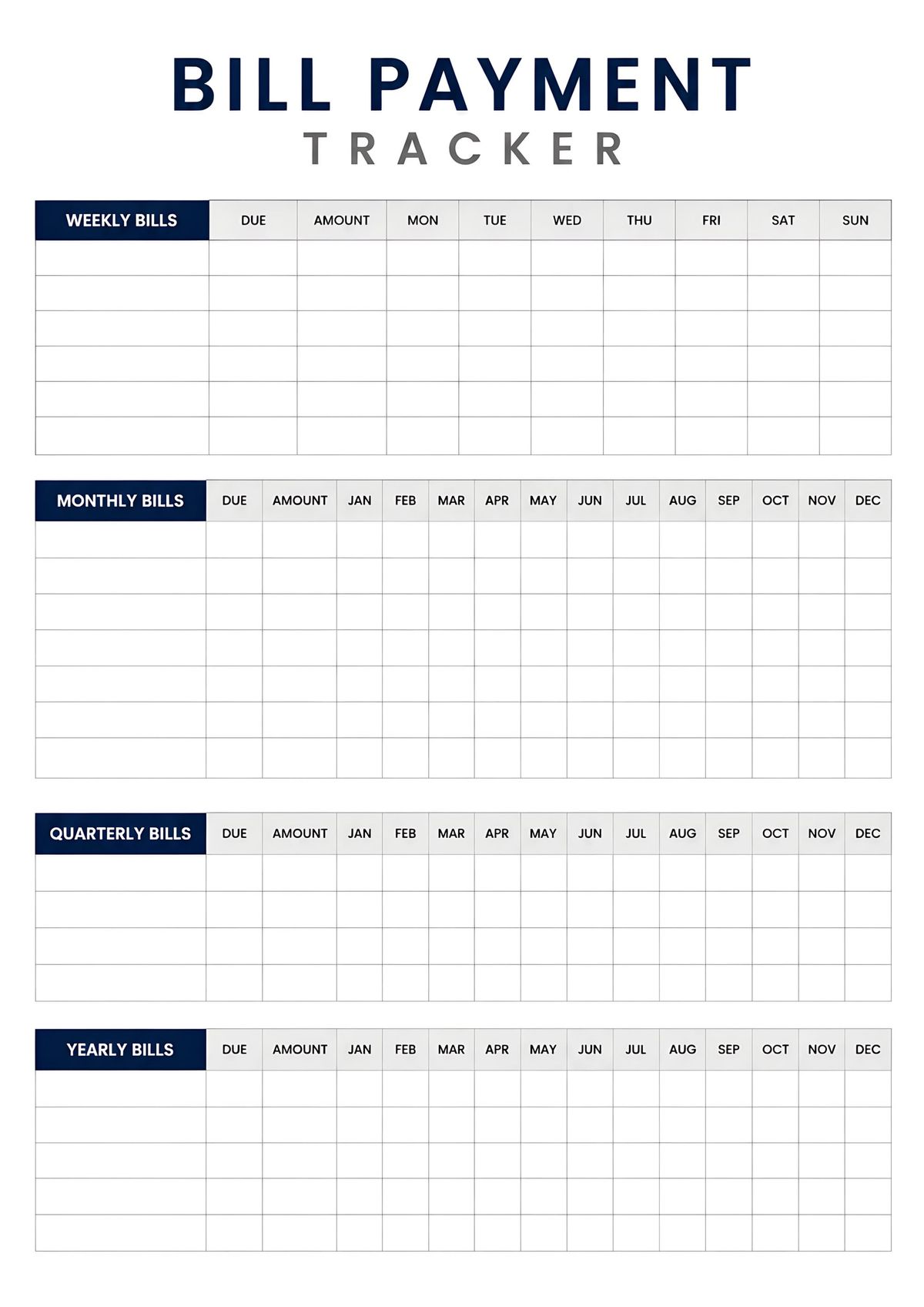 Printable bill payment tracker for managing weekly, monthly, quarterly, and yearly bills in one organized sheet.