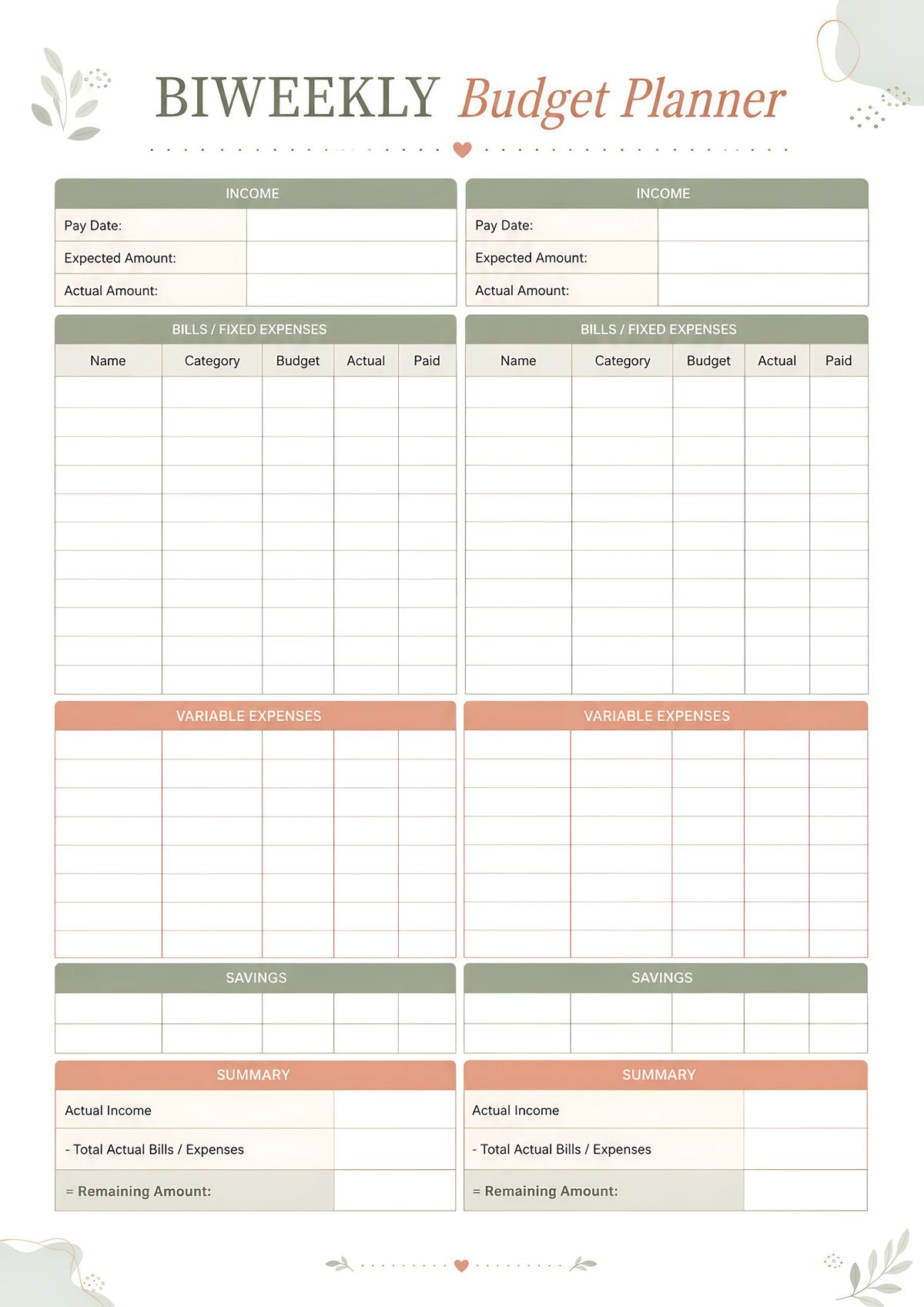 Printable biweekly budget planner featuring income, bills, expenses, savings, and budget summary for each pay period.