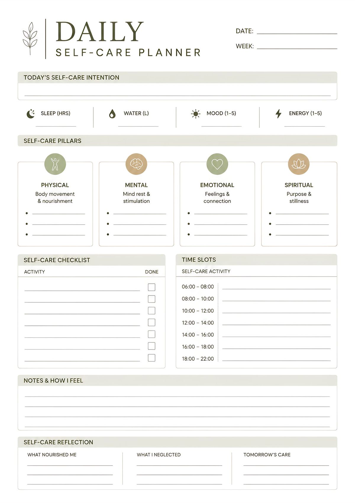 Printable daily self-care planner with wellness checklist, self-care activities, reflection prompts, and daily routine tracker.