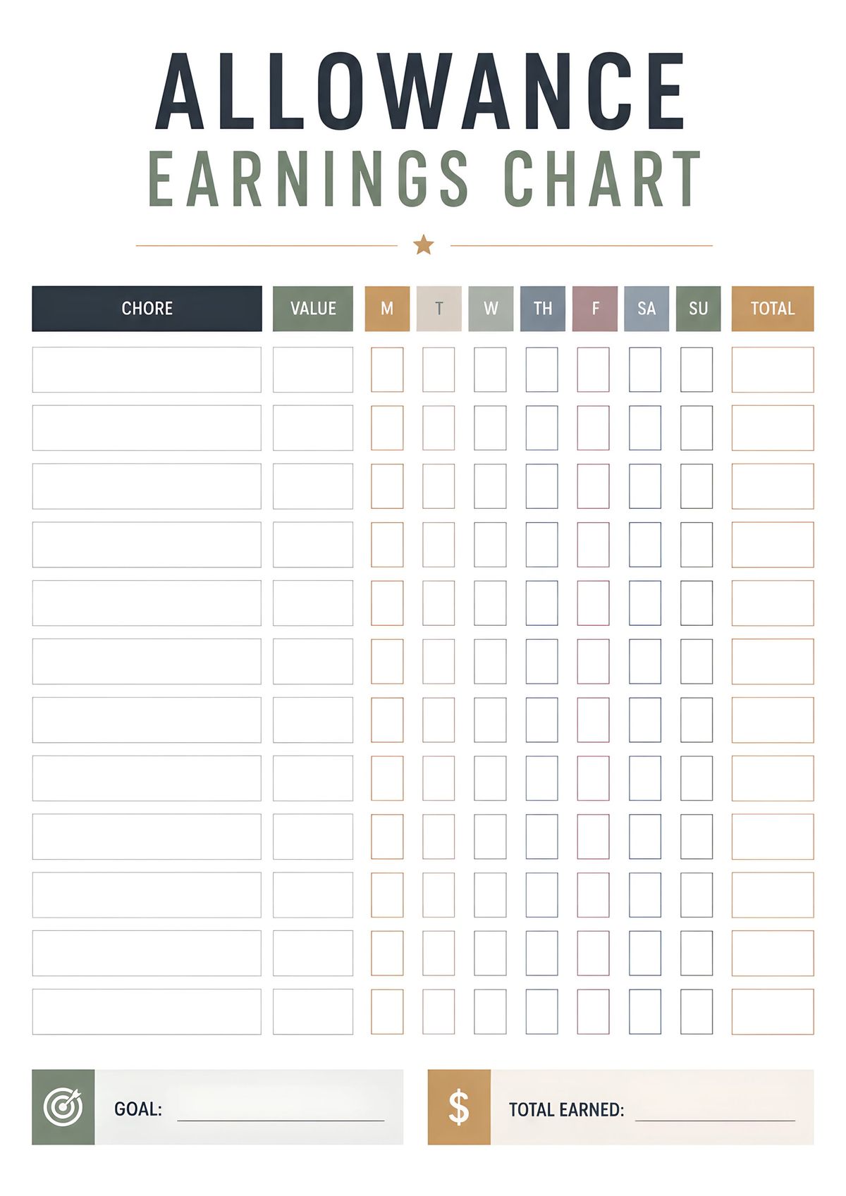 Printable kids allowance earnings chart featuring chore tracking, daily completion boxes, weekly totals, savings goals, and total earned for positive habit building.