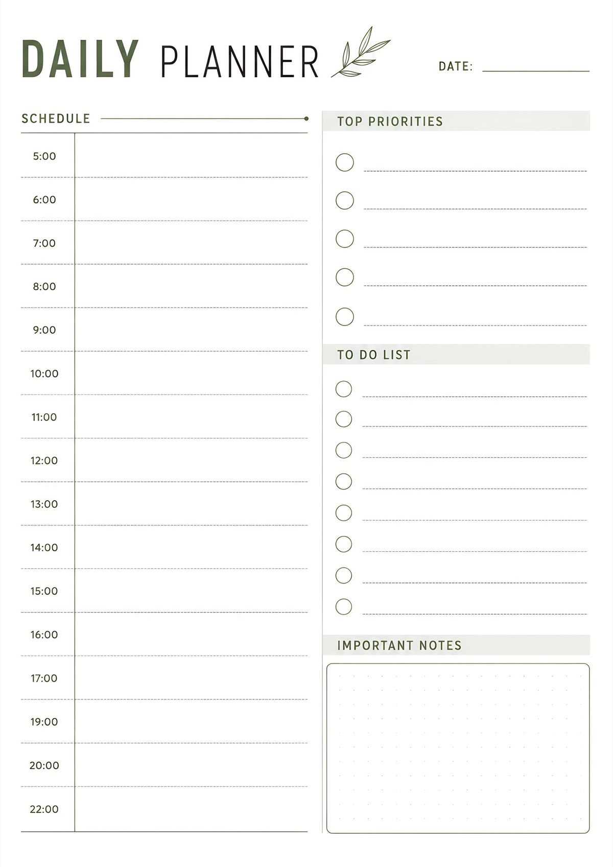 Printable daily schedule planner featuring an hourly timetable, top priorities, to-do checklist, and notes section for daily organization.
