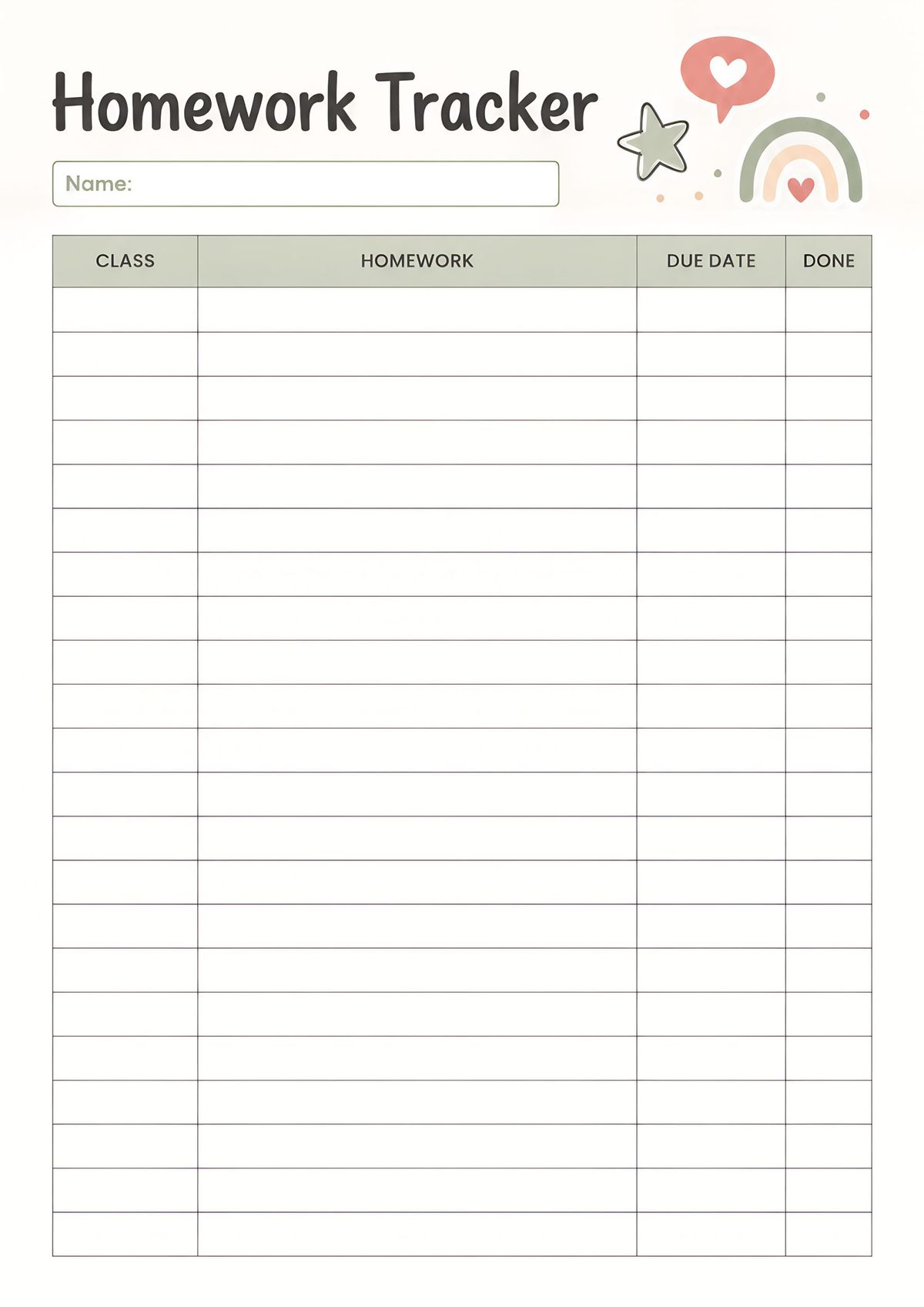 Pastel homework assignment tracker printable featuring columns for class, homework, due date, and completion status with a clean student-friendly layout.