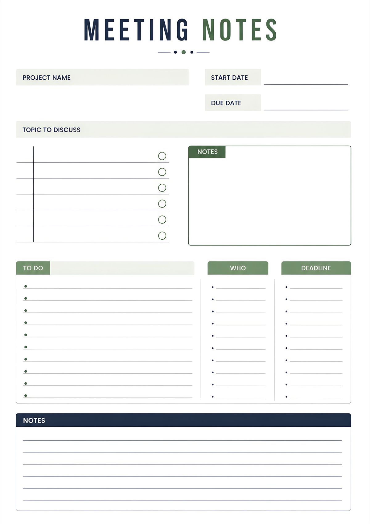 Minimal printable business meeting notes planner featuring project information, discussion checklist, action items, deadlines, responsibilities, and meeting notes.
