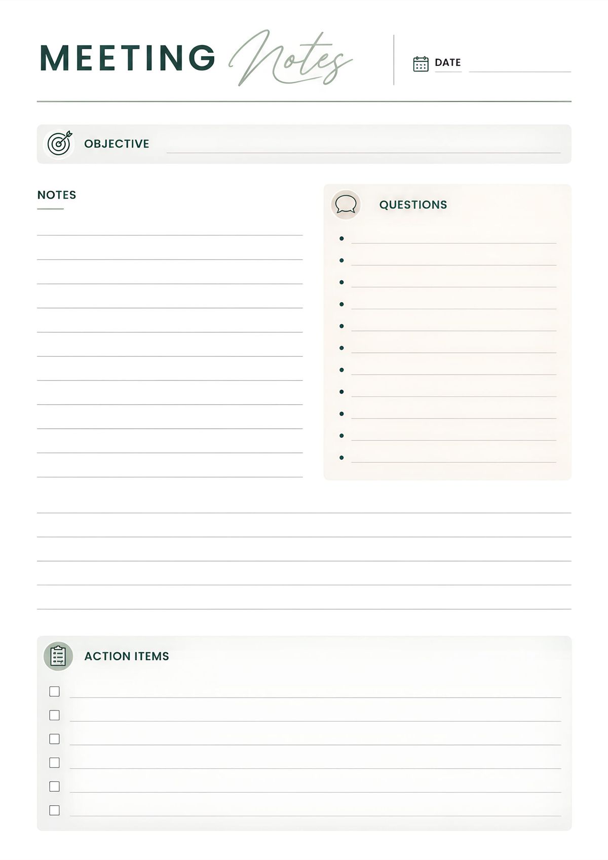 Minimal printable meeting notes checklist featuring objective, discussion notes, questions, action items, and meeting date.