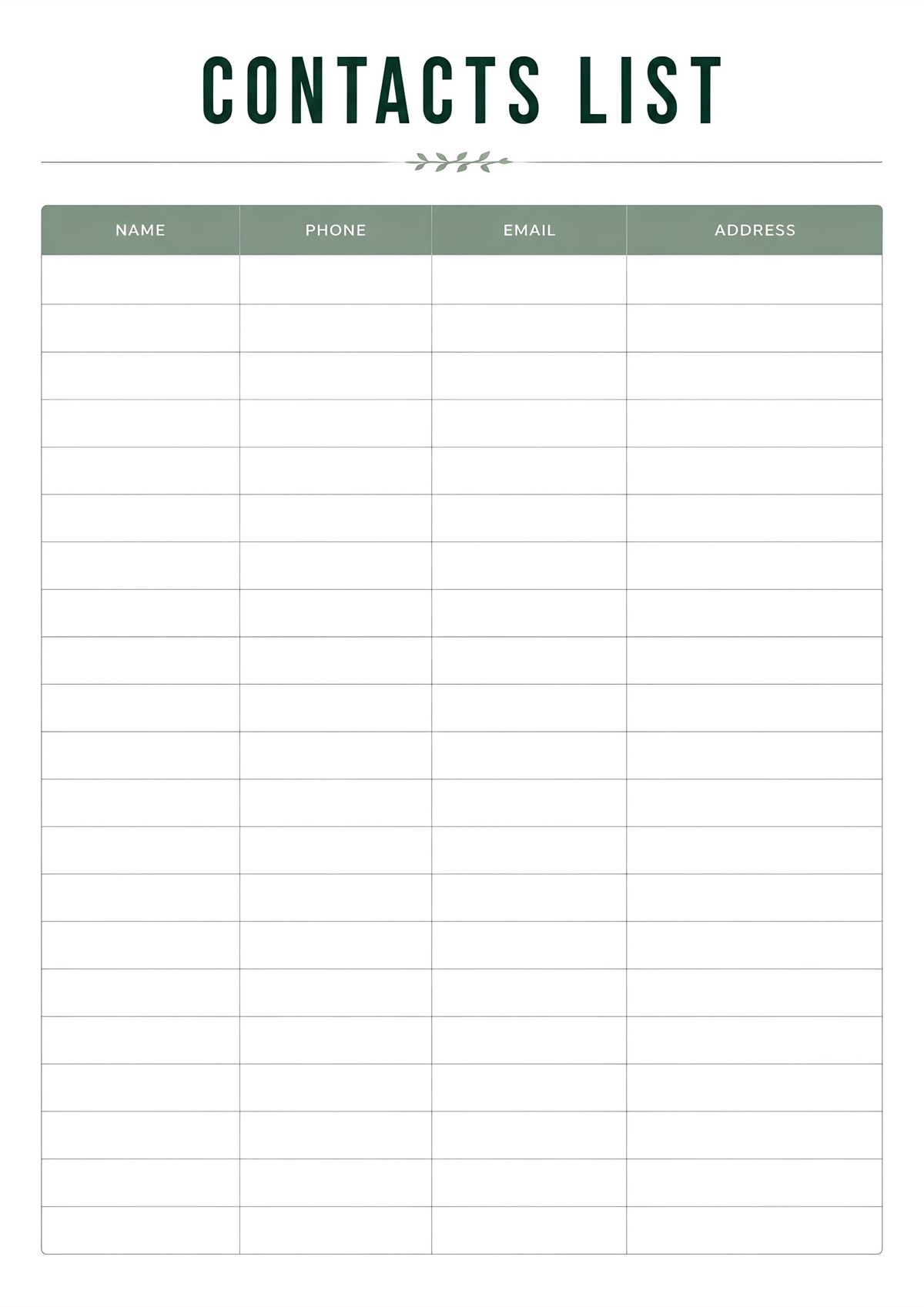 Minimal printable contacts list organizer with name, phone, email, and address sections.