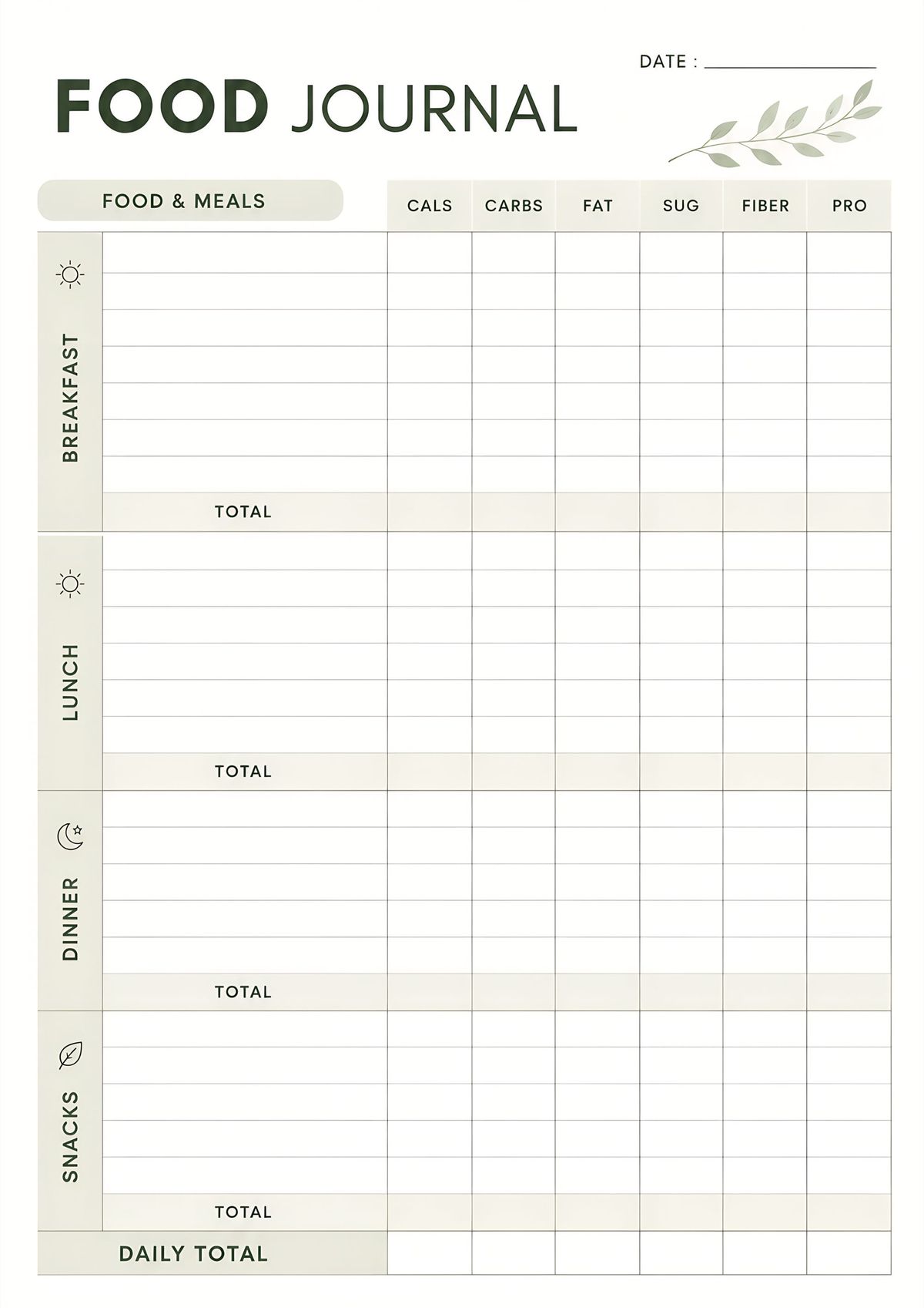 Printable daily food journal featuring meal tracking for breakfast, lunch, dinner, snacks, nutrition facts, and daily nutrition totals.