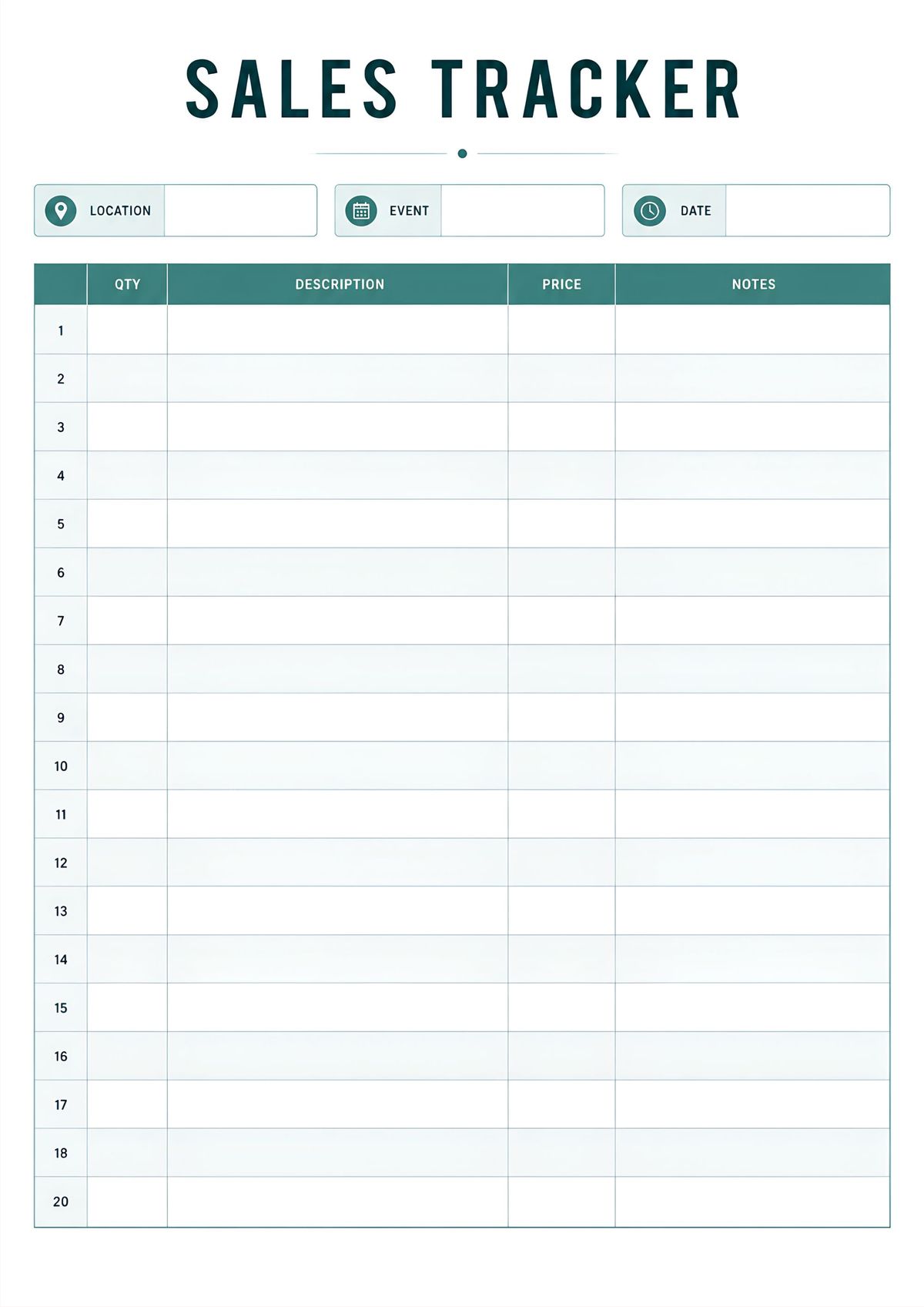 Minimal printable event sales tracker with quantity, description, price, and notes sections.