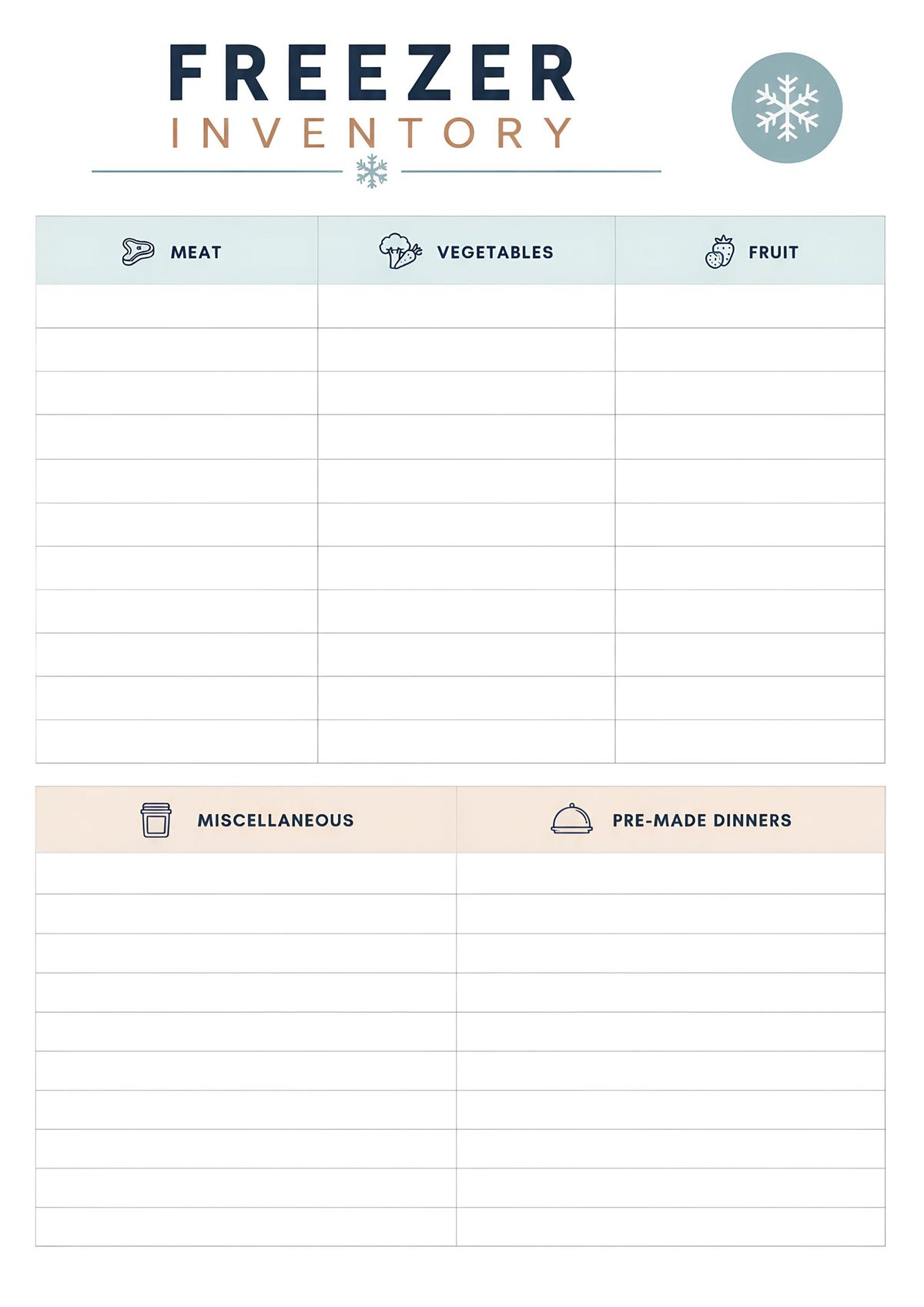 Printable freezer inventory tracker with organized sections for meat, vegetables, fruit, miscellaneous items, and pre-made dinners.