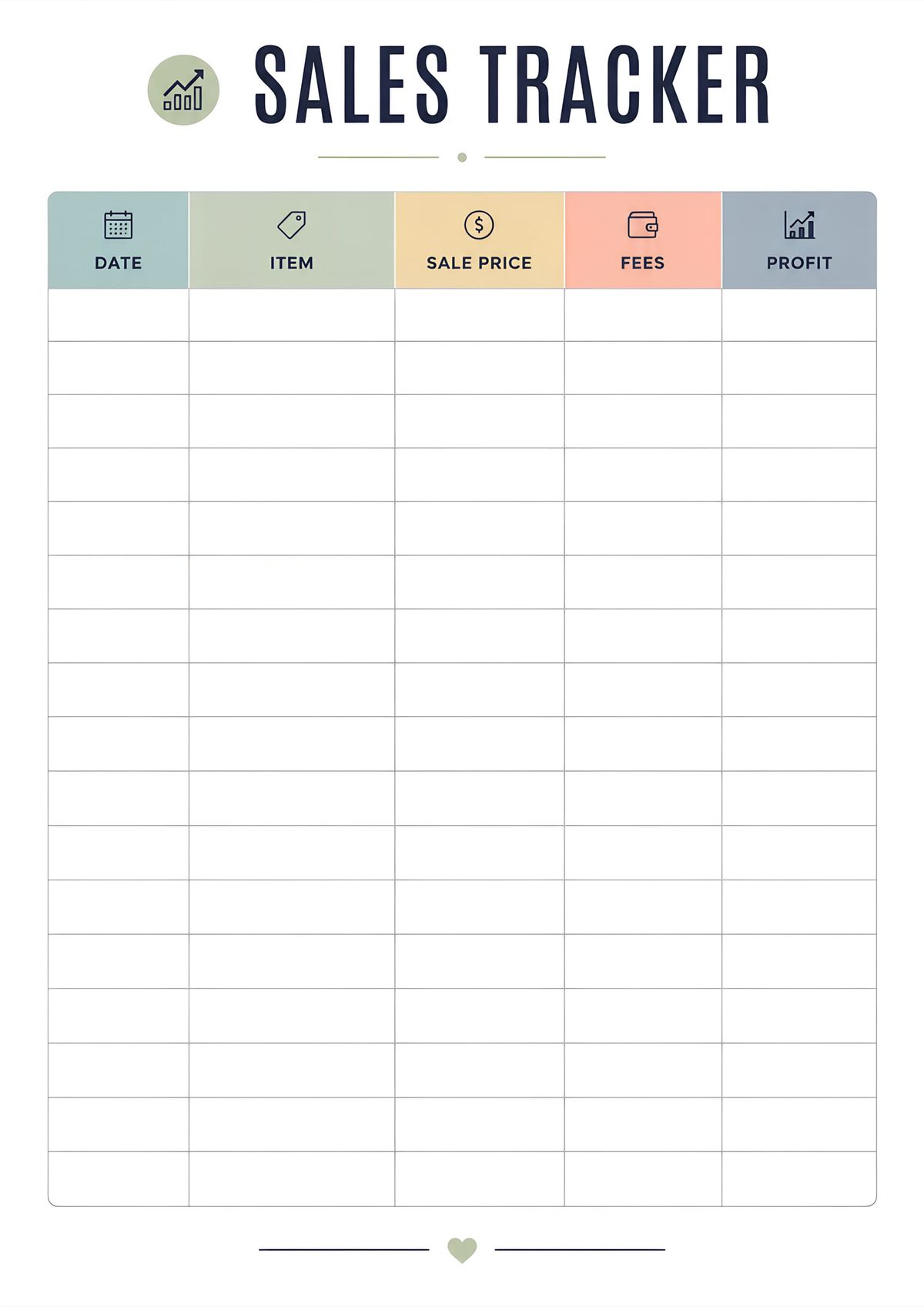 Minimal printable sales performance tracker with columns for date, item, sale price, fees, and profit.
