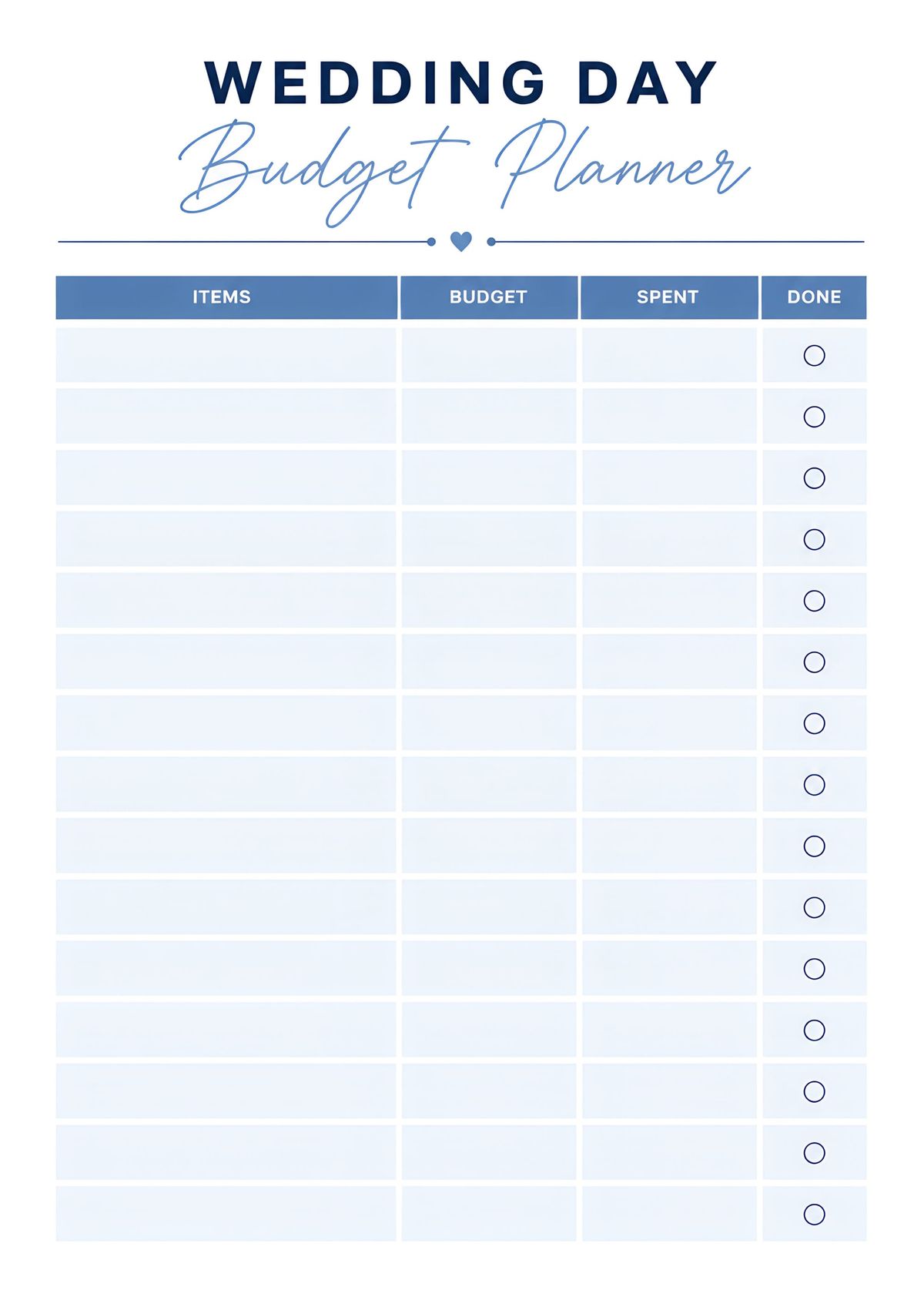 Minimal printable wedding day budget planner with budget, spending tracker, expense checklist, and wedding planning worksheet.