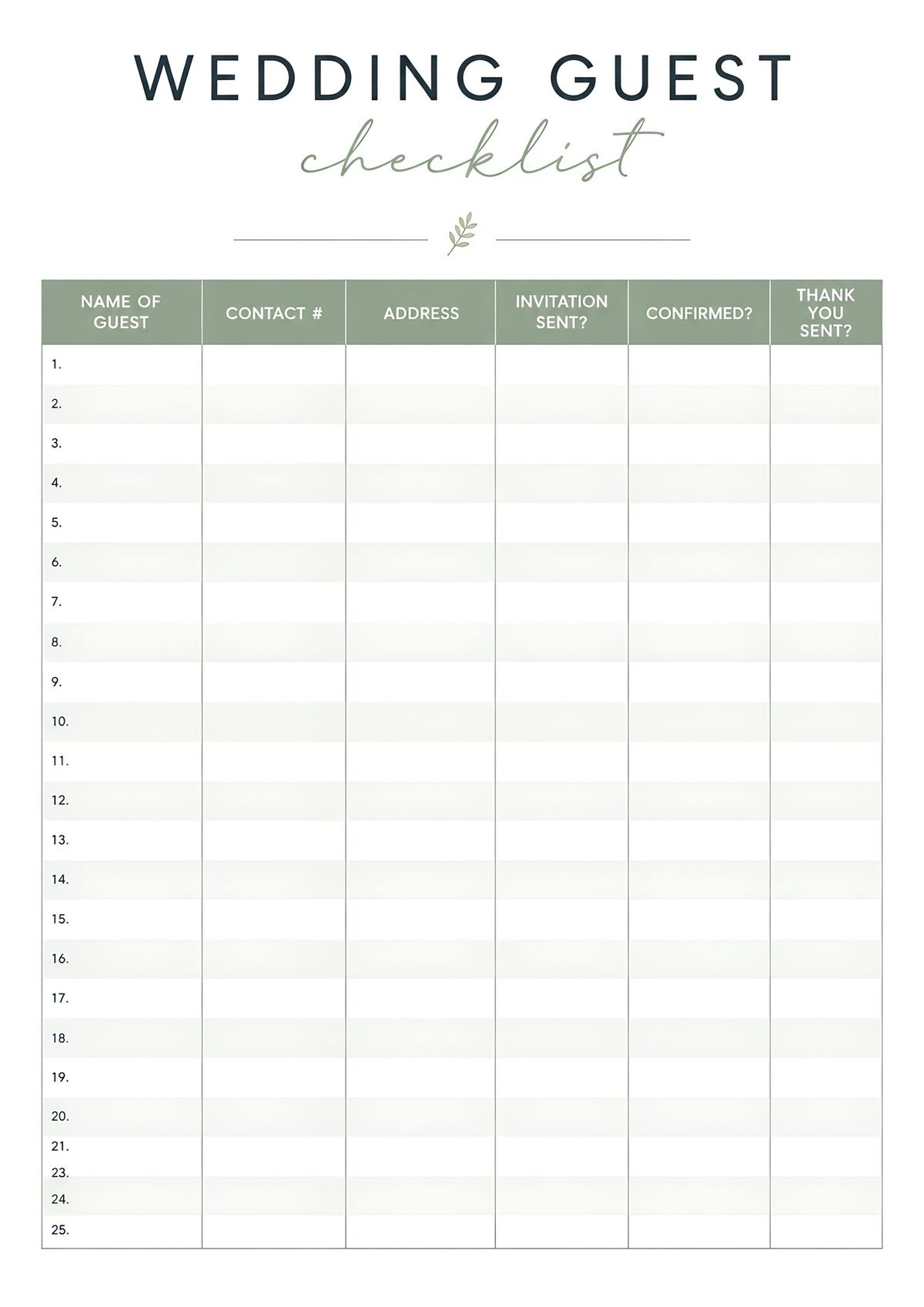 Minimal printable wedding guest checklist with guest information, invitation tracking, RSVP confirmation, and thank-you checklist.