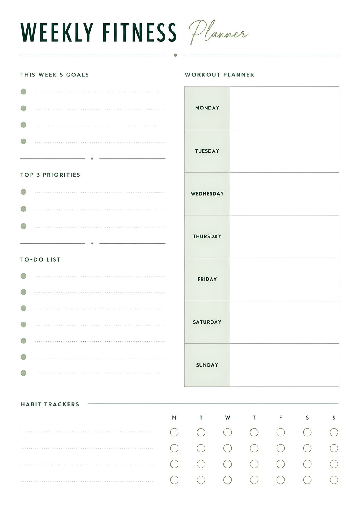 Minimal weekly fitness planner with workout planner, goals, to-do list, and habit tracker.
