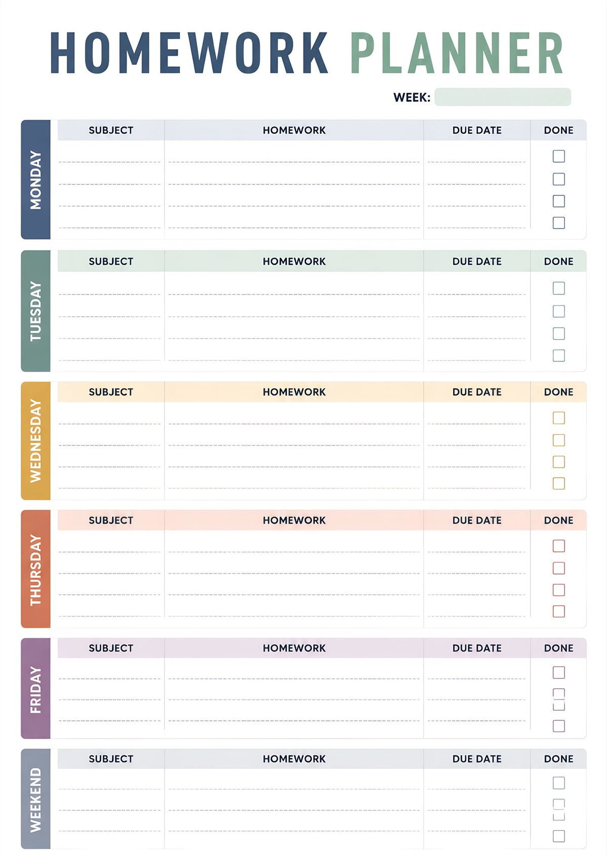 Weekly homework planner with daily subject, assignment, due date, and completion tracker.