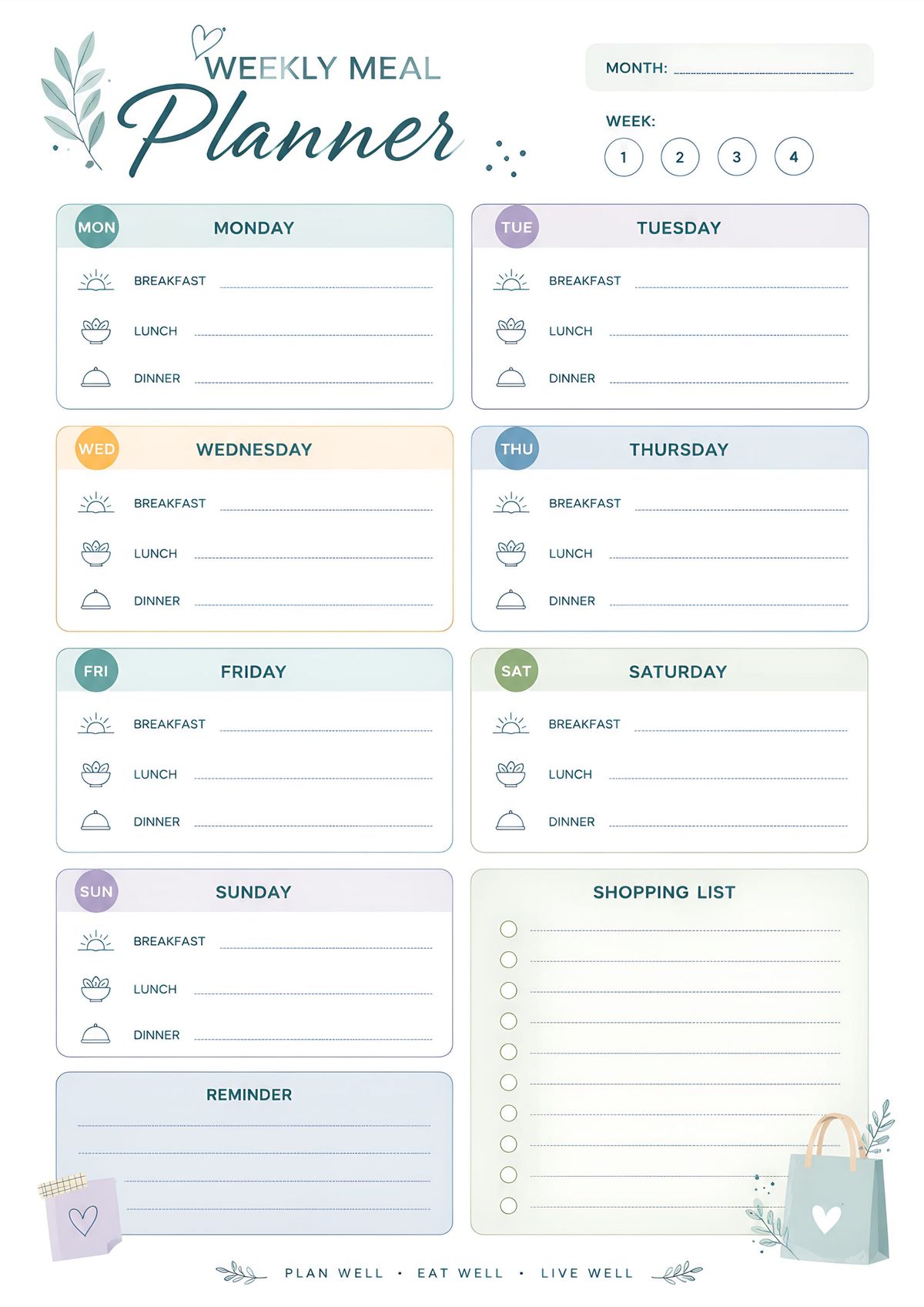 Printable Weekly Meal Planner with Shopping List