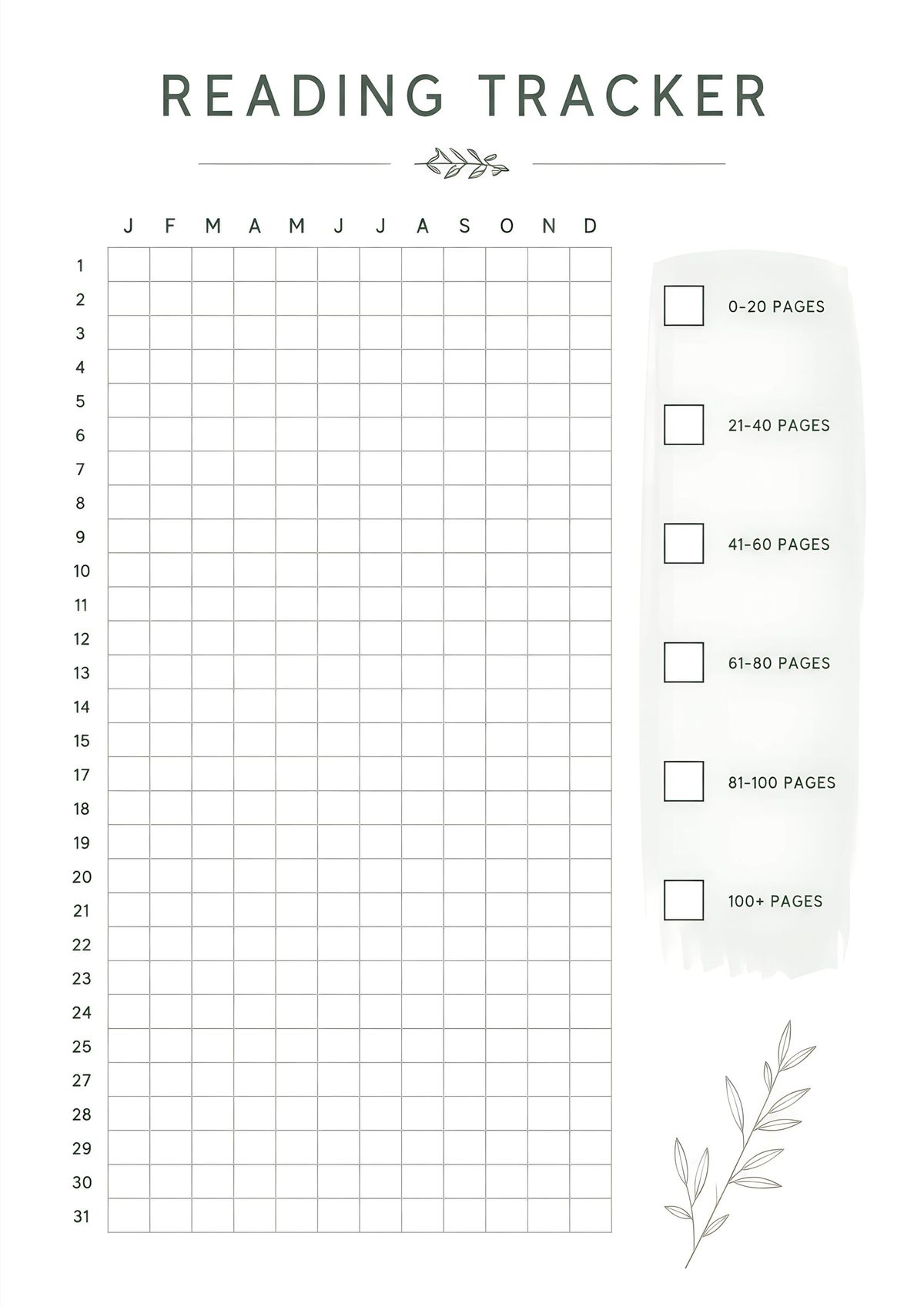 Printable reading progress tracker with yearly calendar grid and reading page milestone checklist.