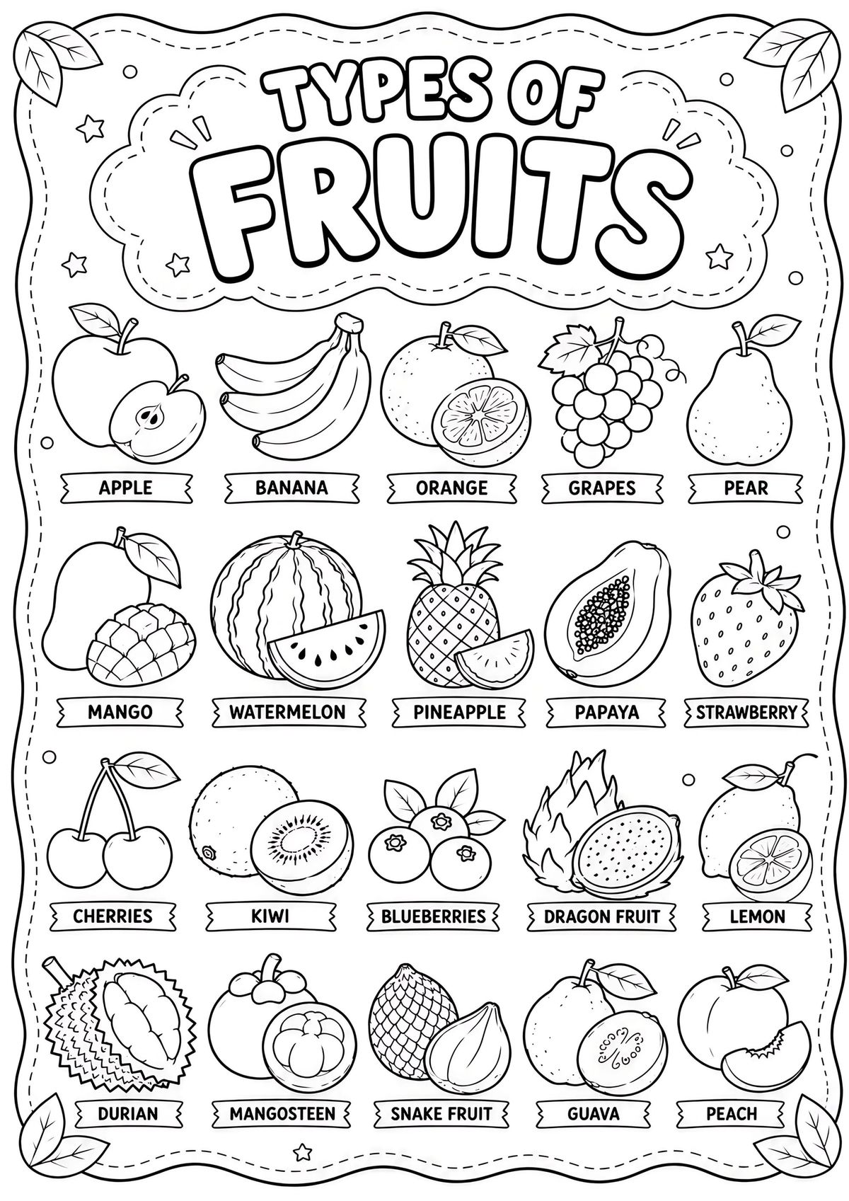 Educational fruits coloring worksheet with 20 labeled fruit illustrations for kids to color and learn.