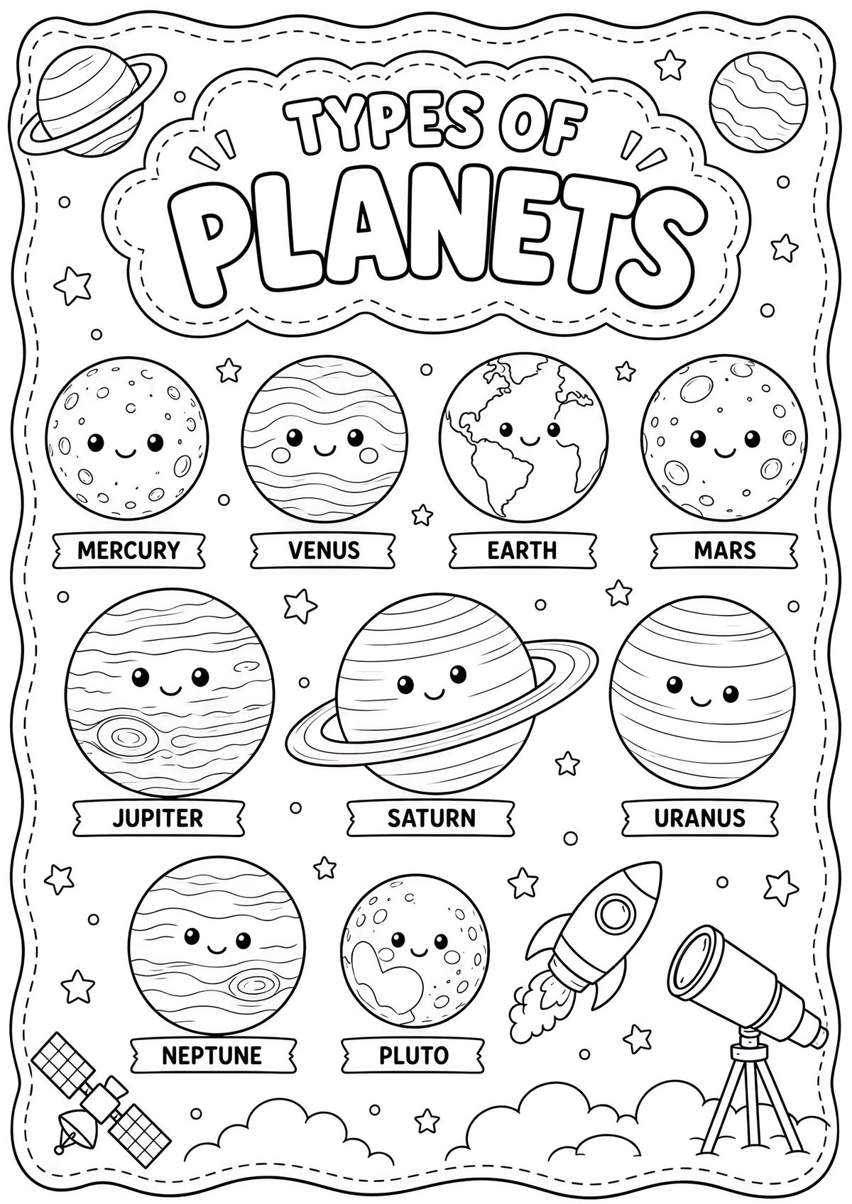 Cute printable Types of Planets coloring page with labeled planets for kids to color and learn.