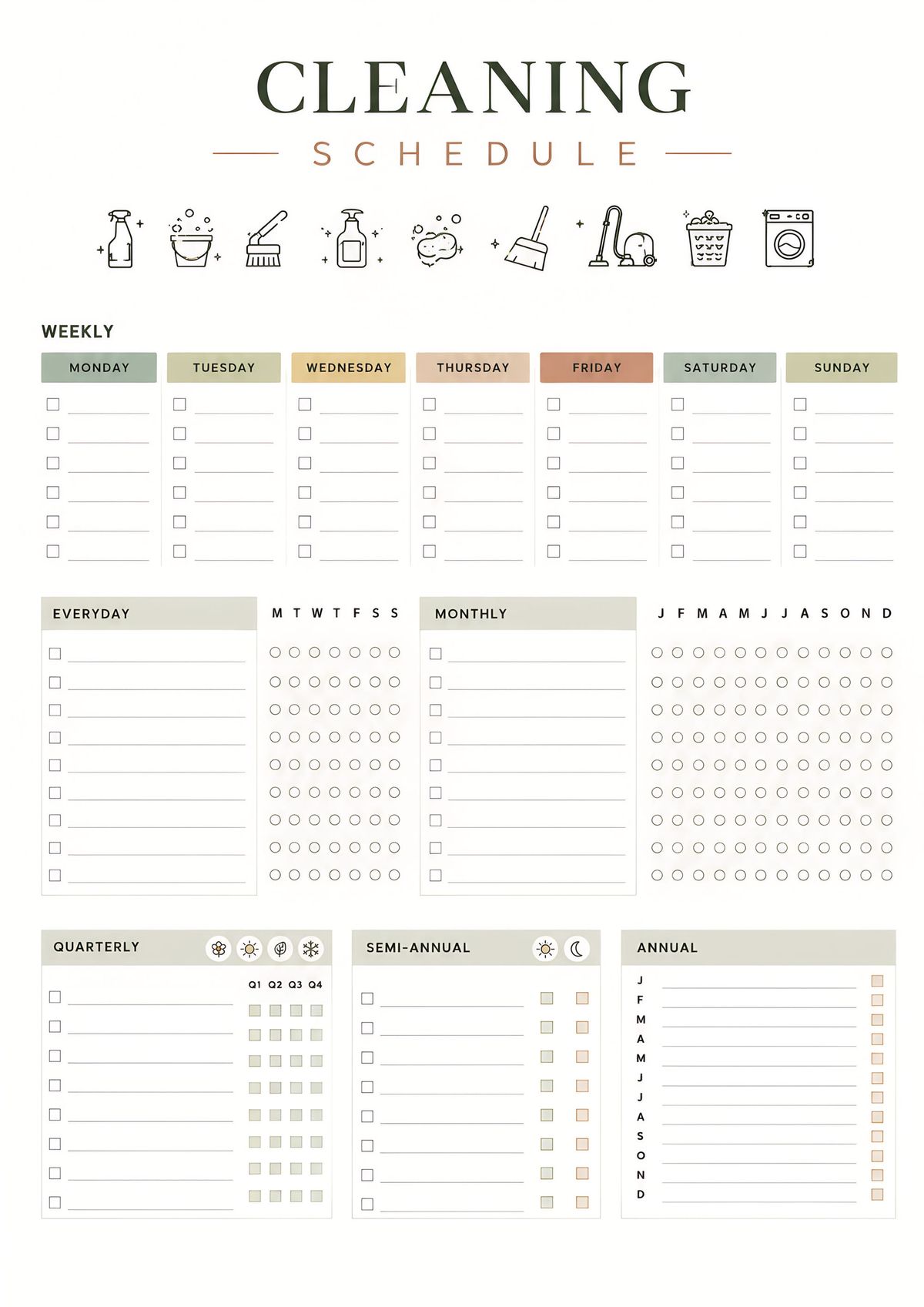 Printable house cleaning schedule planner with daily, weekly, monthly, quarterly, semi-annual, and annual cleaning checklists for organized home maintenance.
