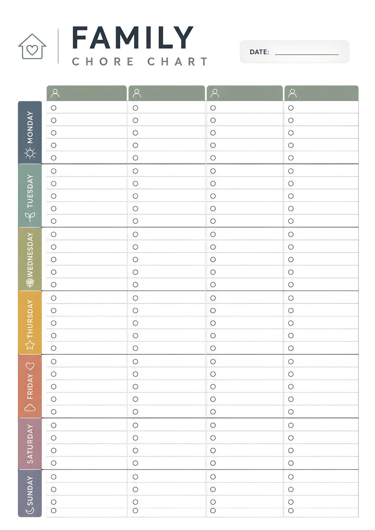 Printable weekly family chore assignment tracker featuring daily sections from Monday to Sunday with individual columns for multiple family members.