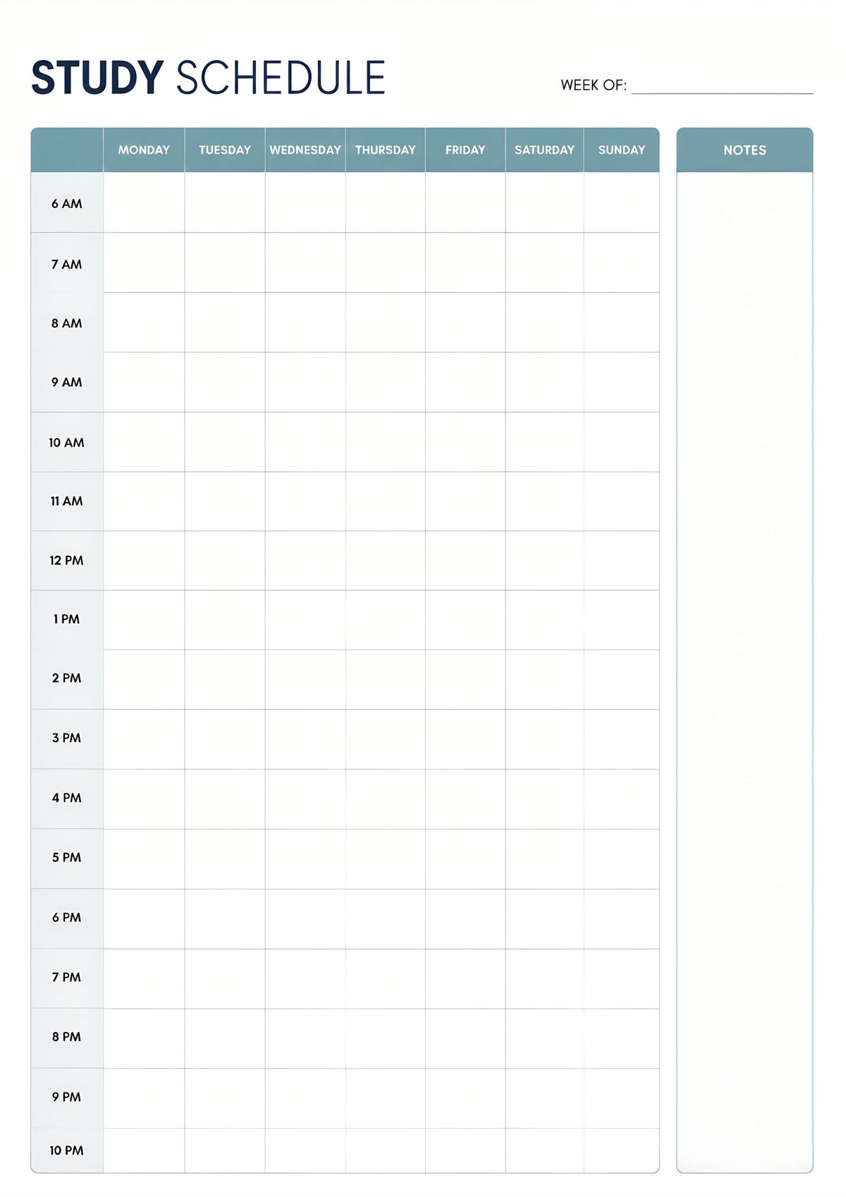Printable weekly study schedule planning template with hourly planner and notes section.