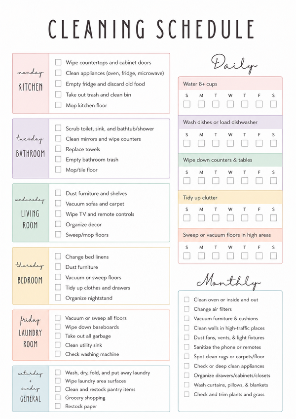 A printable house cleaning schedule with organized daily, weekly, and monthly household cleaning checklists.
