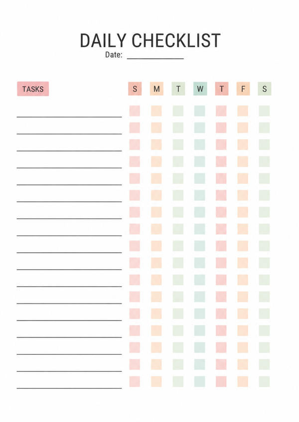 A printable daily checklist designed to manage recurring tasks, weekly habits, and everyday routines.