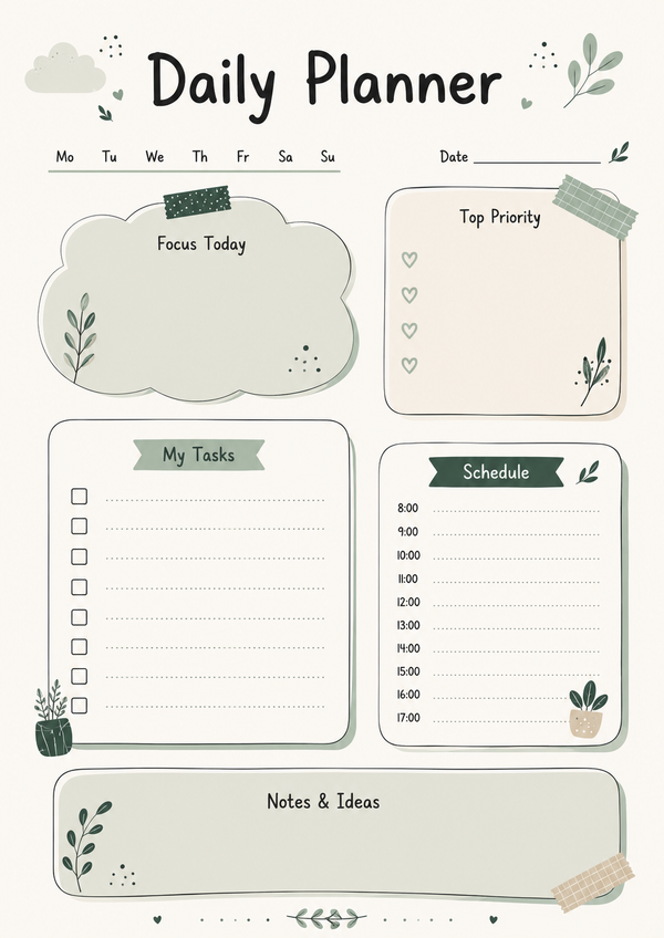 Printable daily planner with focus section, top priorities, to-do list, hourly schedule, and notes for organizing daily tasks and productivity.