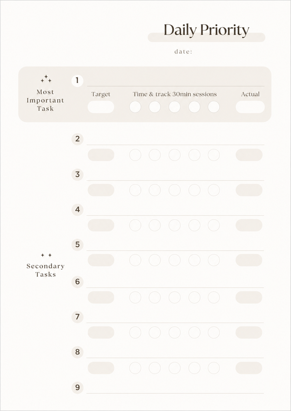 Minimalist printable daily priority task tracker with sections for top priorities, task targets, 30-minute focus session tracking, and daily progress.